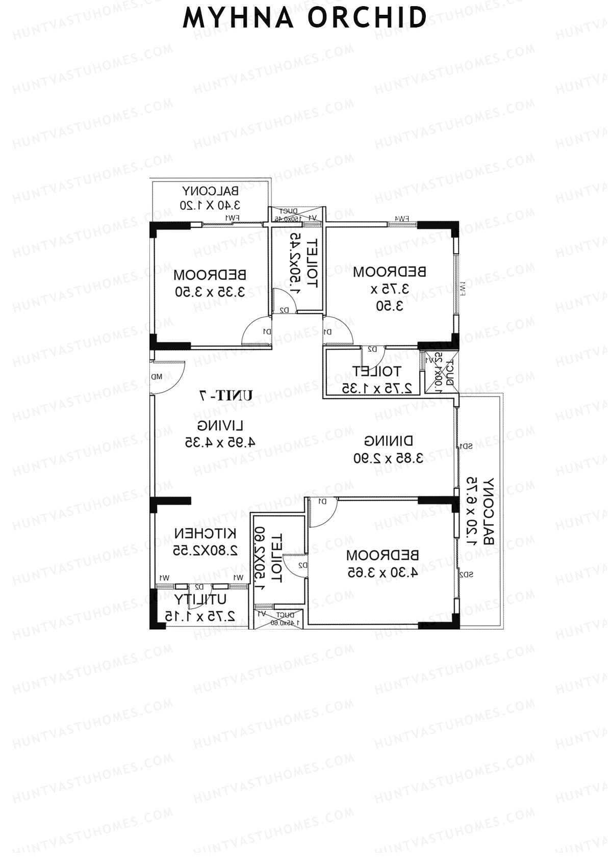 Myhna Orchid, Block 2, Unit 8, 3BHK, Carpet Area 1243   sq ft 