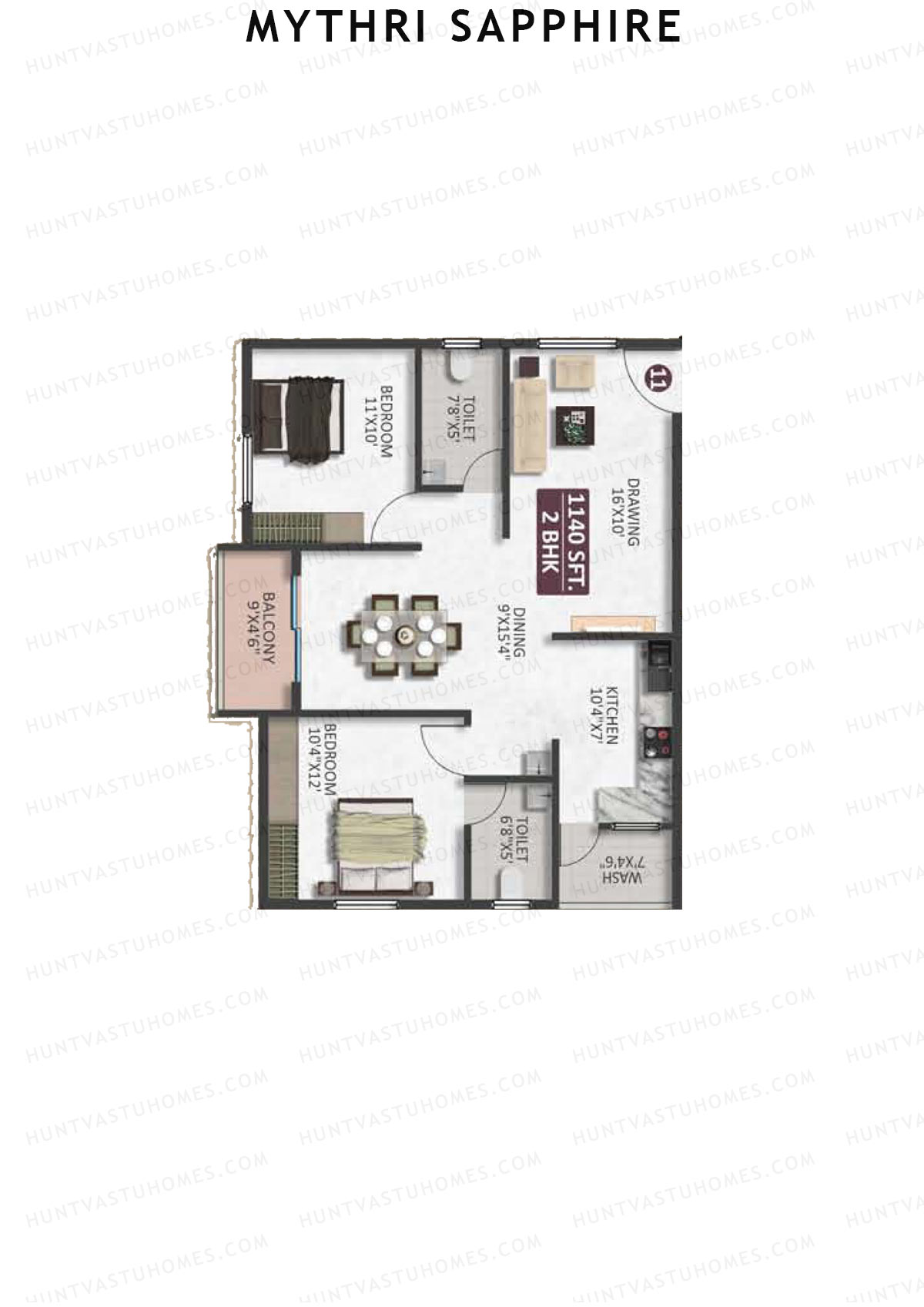 Mythri Sapphire, Block A, Unit 11, 2BHK, Super Area 1140   sq ft 