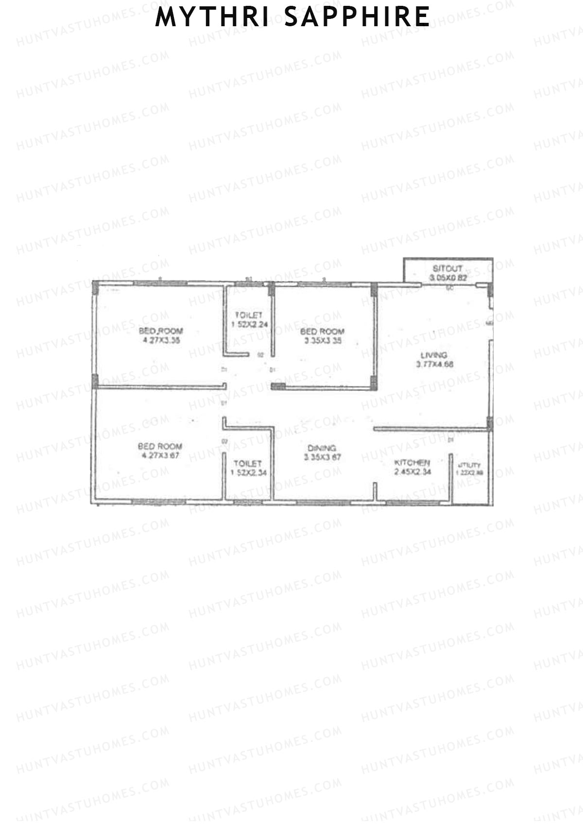 Mythri Sapphire, Block A, Unit 12, 3BHK, Super Area 1471   sq ft 