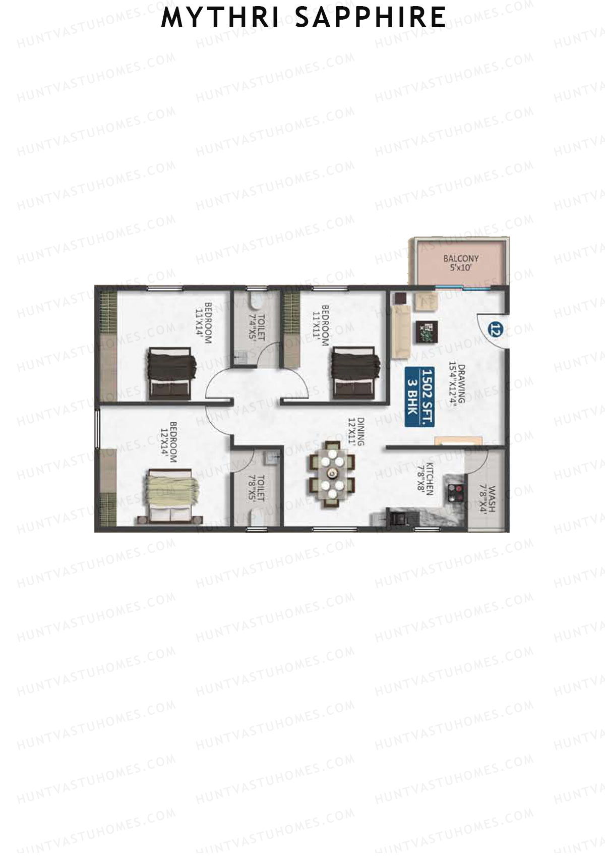 Mythri Sapphire, Block A, Unit 12, 3BHK, Super Area 1502   sq ft 