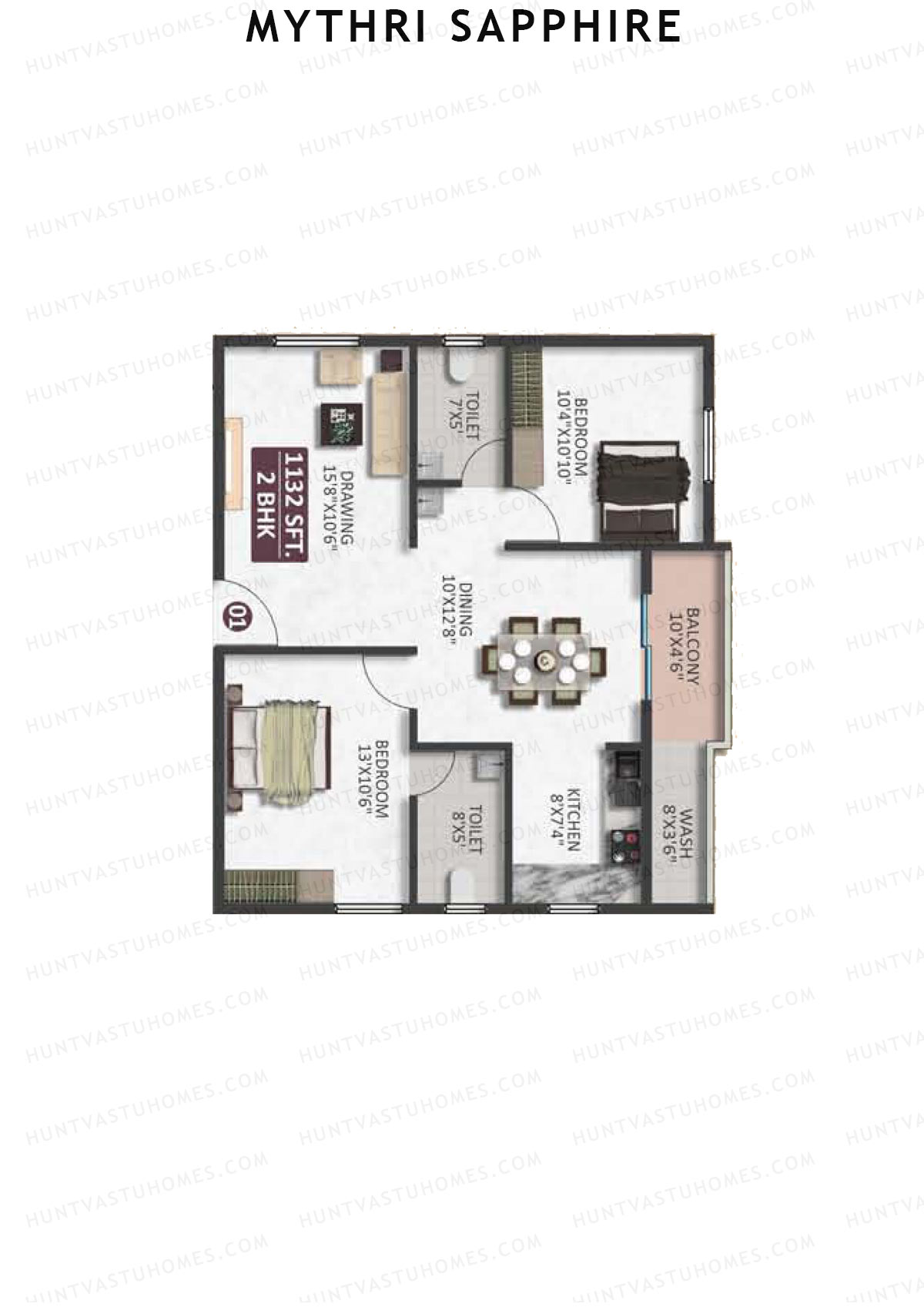 Mythri Sapphire, Block A, Unit 1, 2BHK, Super Area 1132   sq ft 