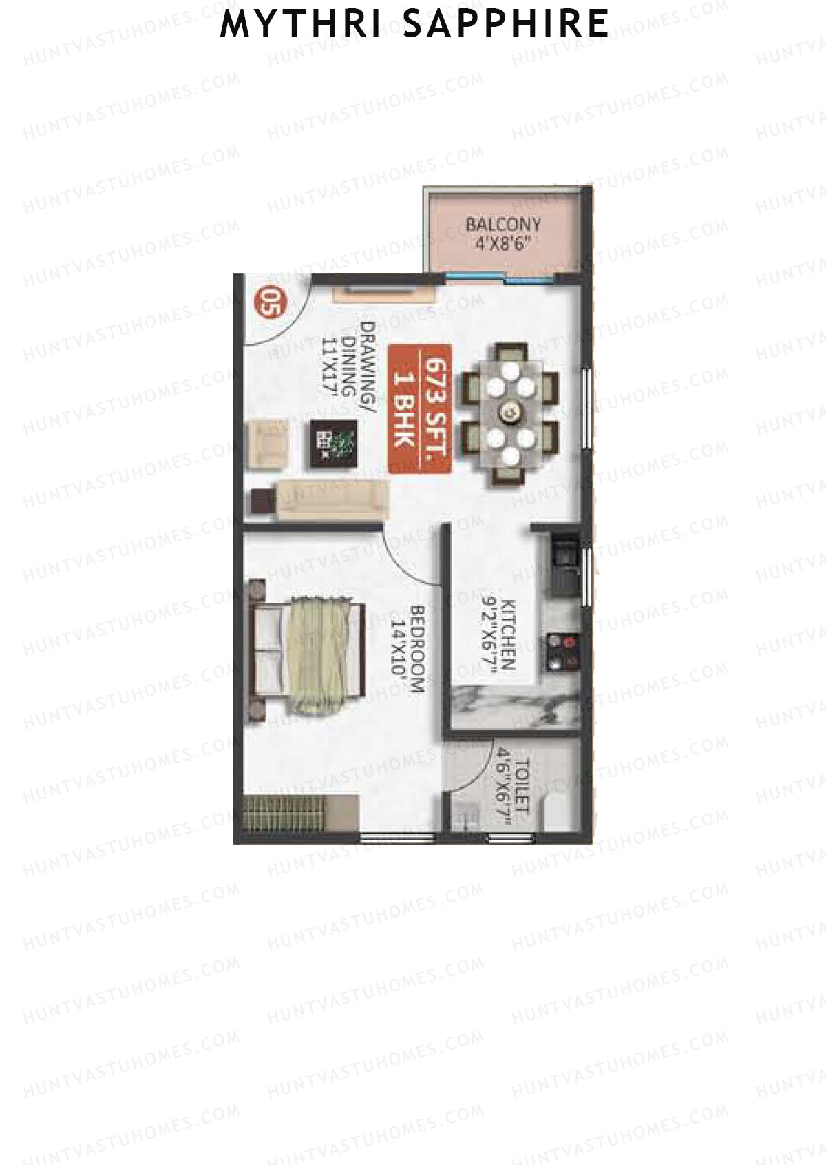 Mythri Sapphire, Block A, Unit 5, 1BHK, Super Area 673   sq ft 