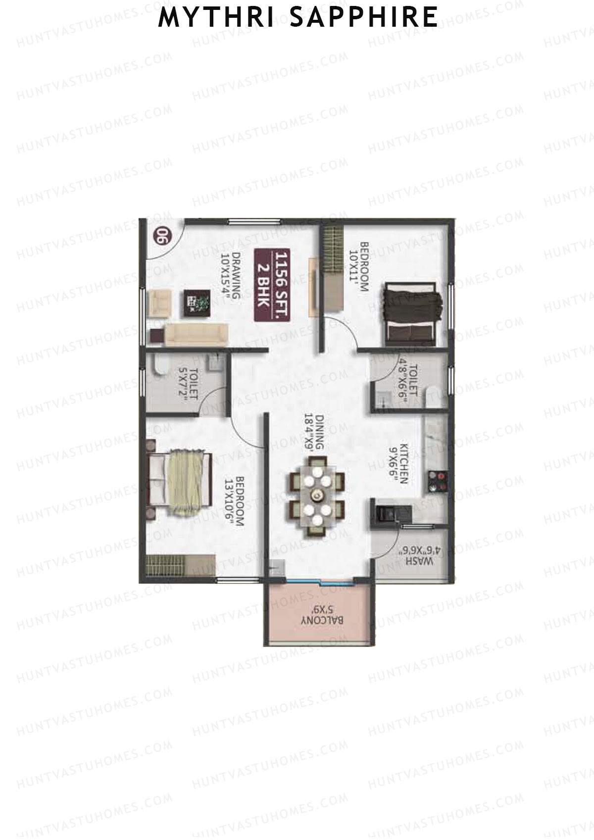 Mythri Sapphire, Block A, Unit 6, 2BHK, Super Area 1156   sq ft 
