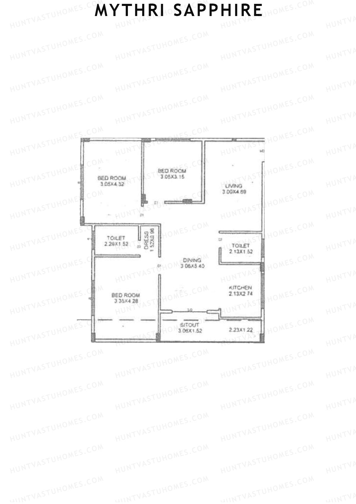 Mythri Sapphire, Block A, Unit 7, 3BHK, Super Area 1414   sq ft 