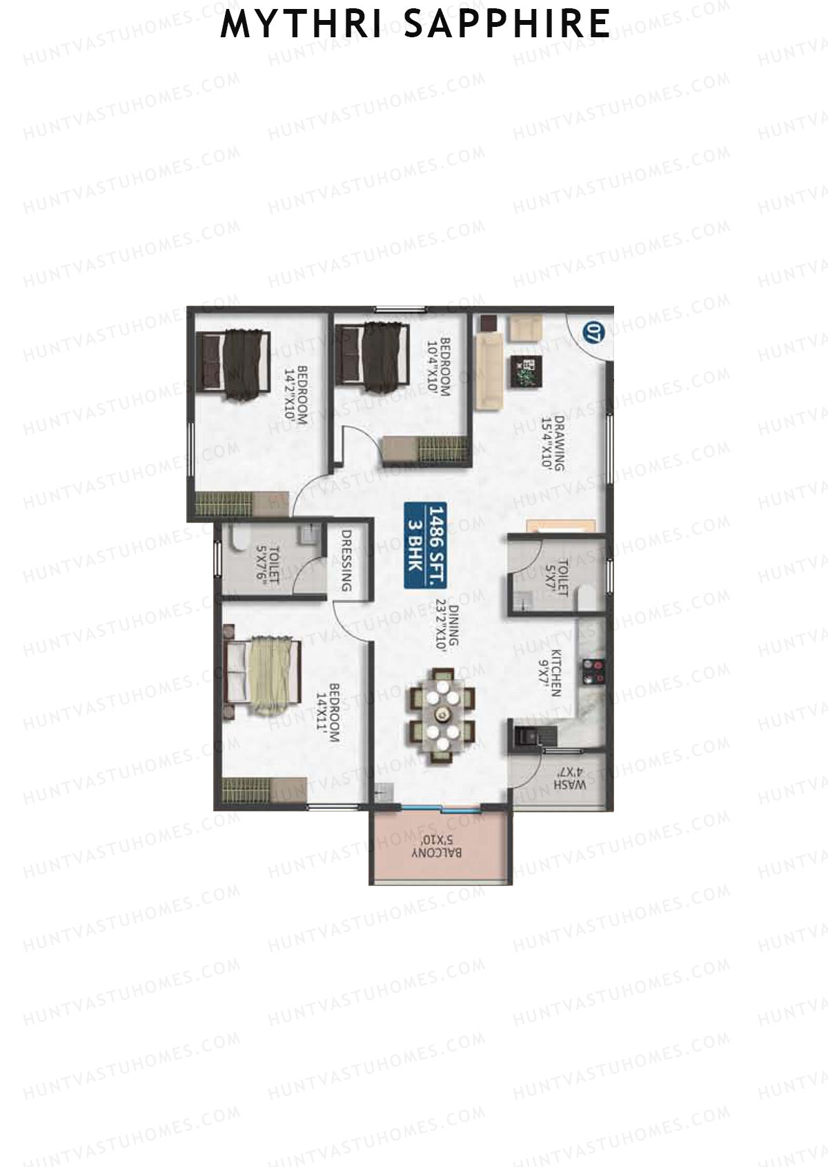 Mythri Sapphire, Block A, Unit 7, 3BHK, Super Area 1486   sq ft 