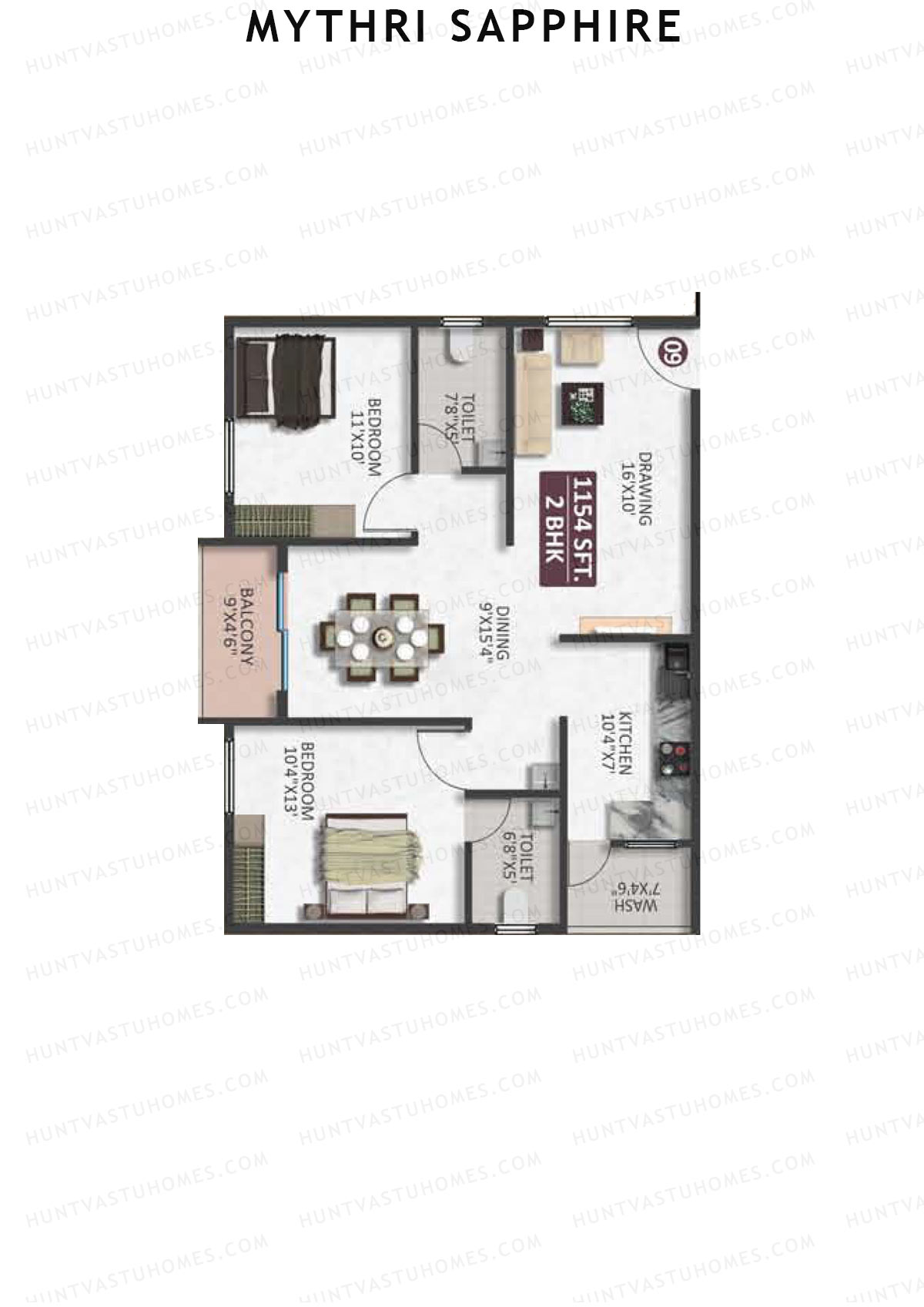 Mythri Sapphire, Block A, Unit 9, 2BHK, Super Area 1154   sq ft 