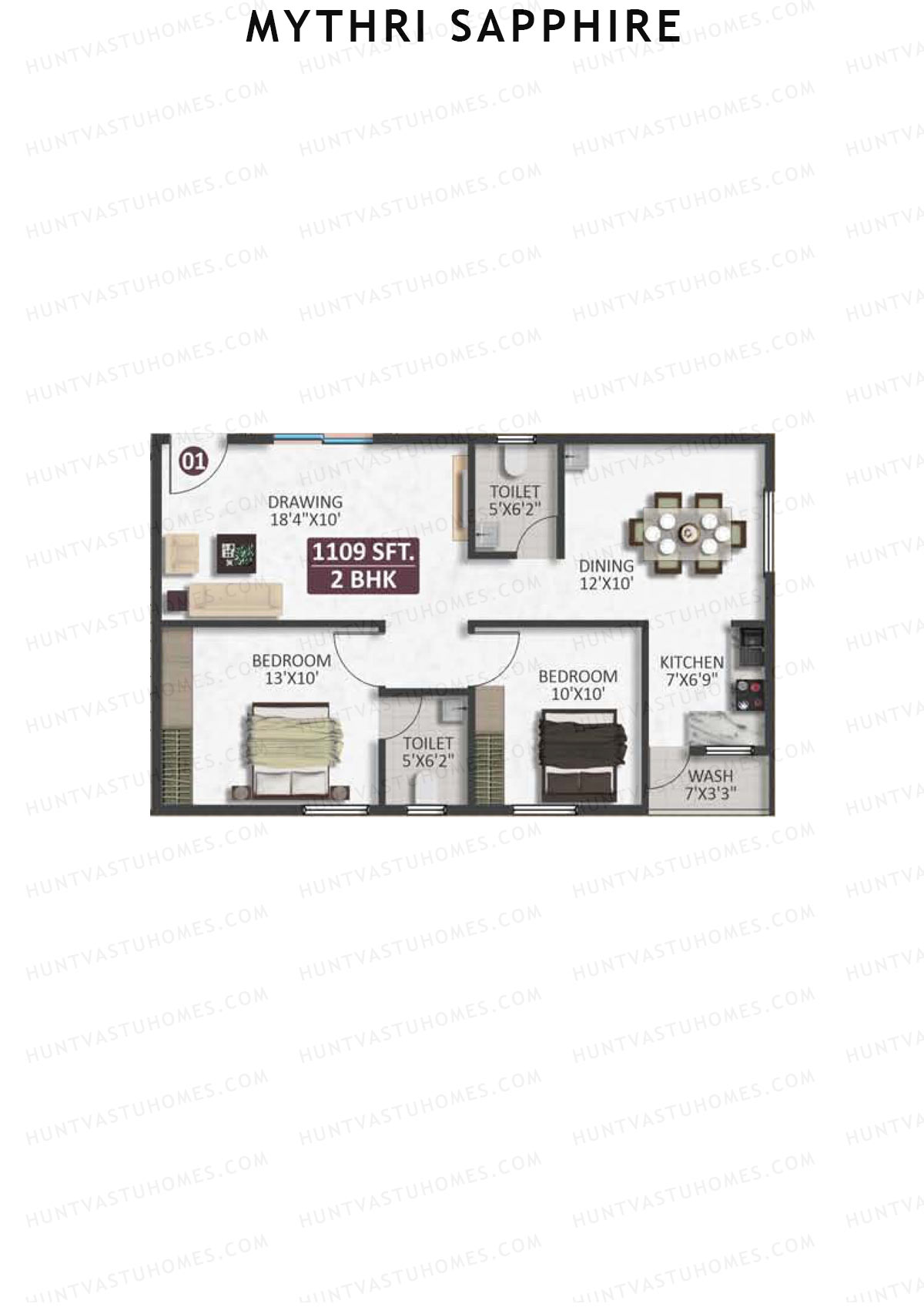 Mythri Sapphire, Block B, Unit 1, 2BHK, Super Area 1109   sq ft 