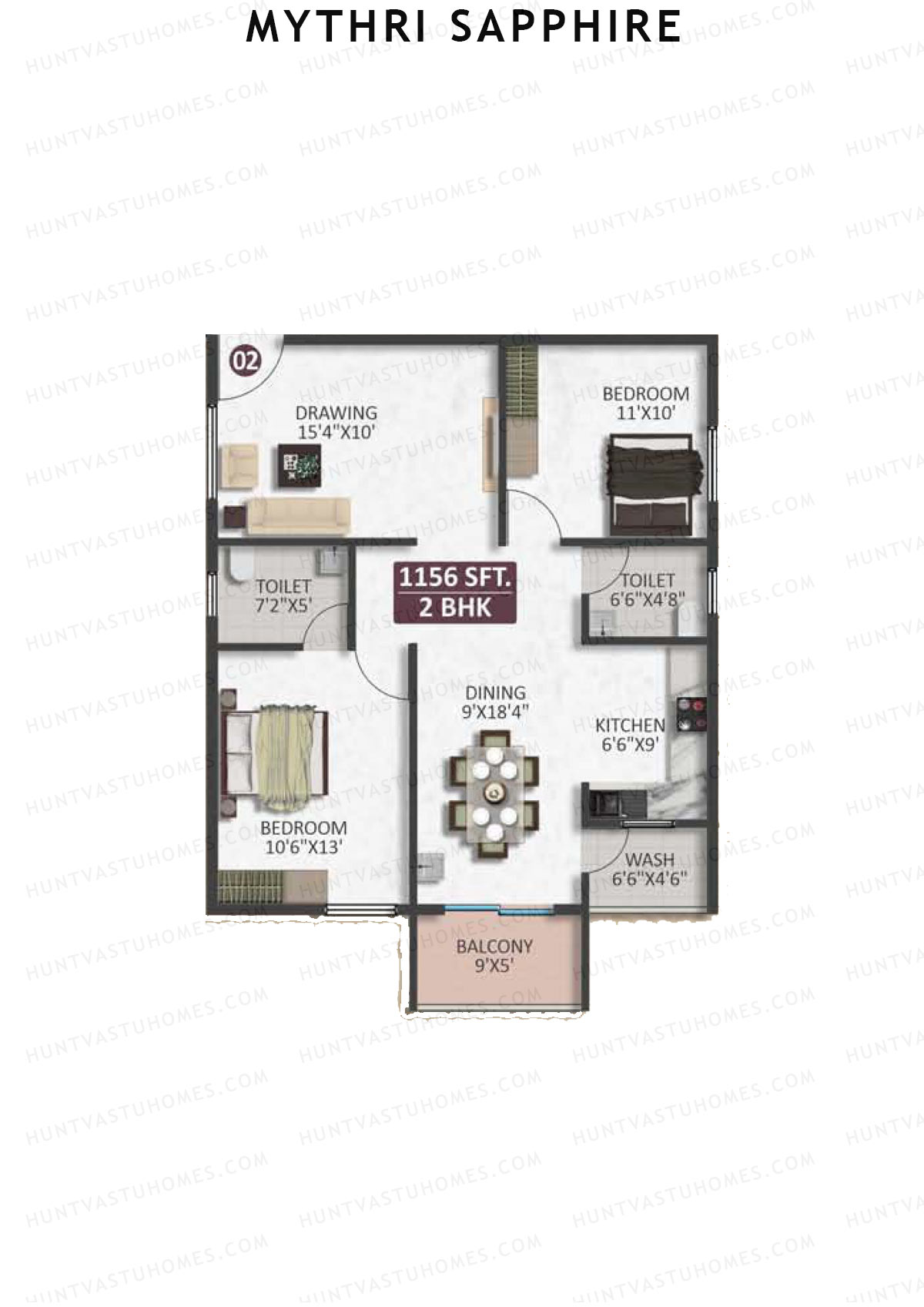 Mythri Sapphire, Block B, Unit 2, 2BHK, Super Area 1156   sq ft 