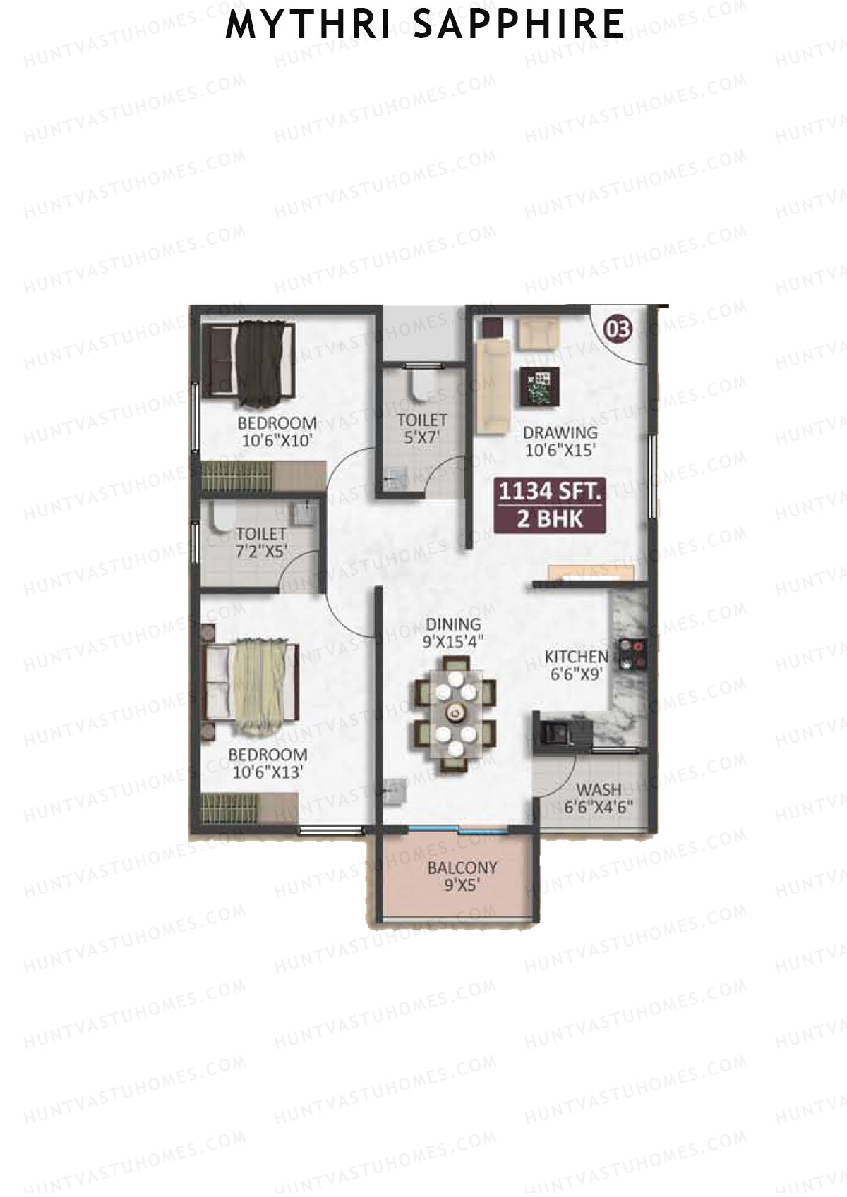 Mythri Sapphire, Block B, Unit 3, 2BHK, Super Area 1134   sq ft 