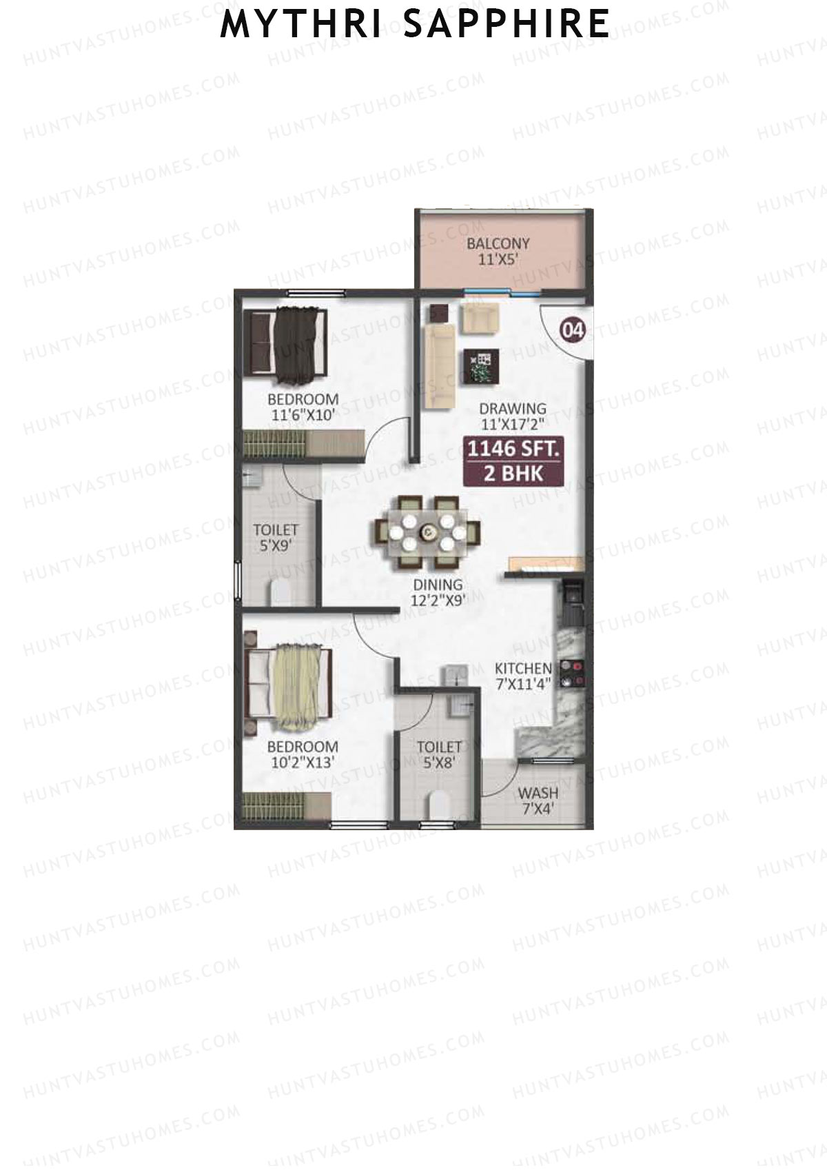 Mythri Sapphire, Block B, Unit 4, 2BHK, Super Area 1146   sq ft 