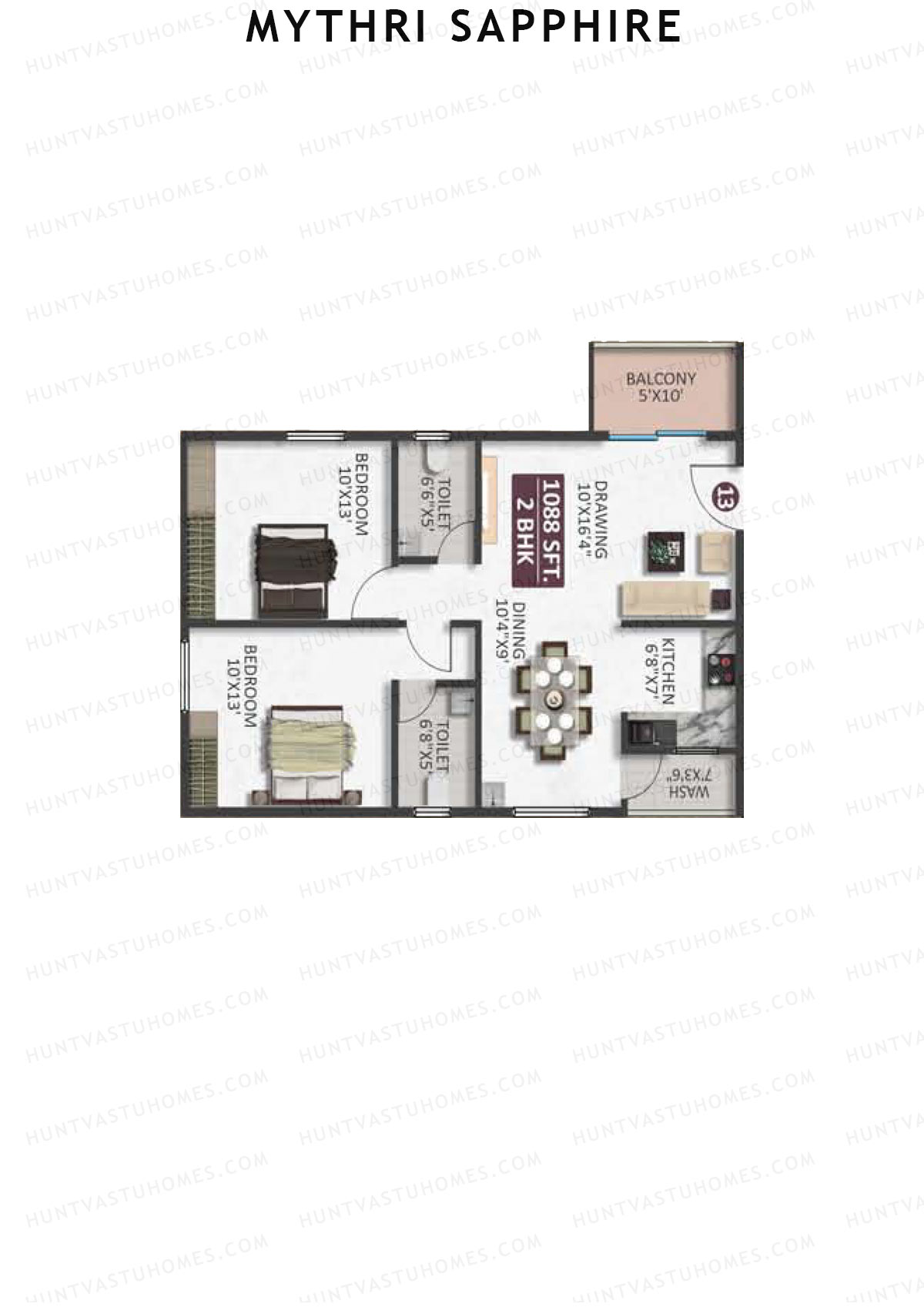 Mythri Sapphire, Block C, Unit 13, 2BHK, Super Area 1088   sq ft 