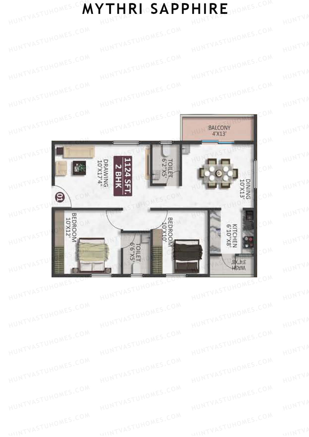Mythri Sapphire, Block C, Unit 1, 2BHK, Super Area 1124   sq ft 