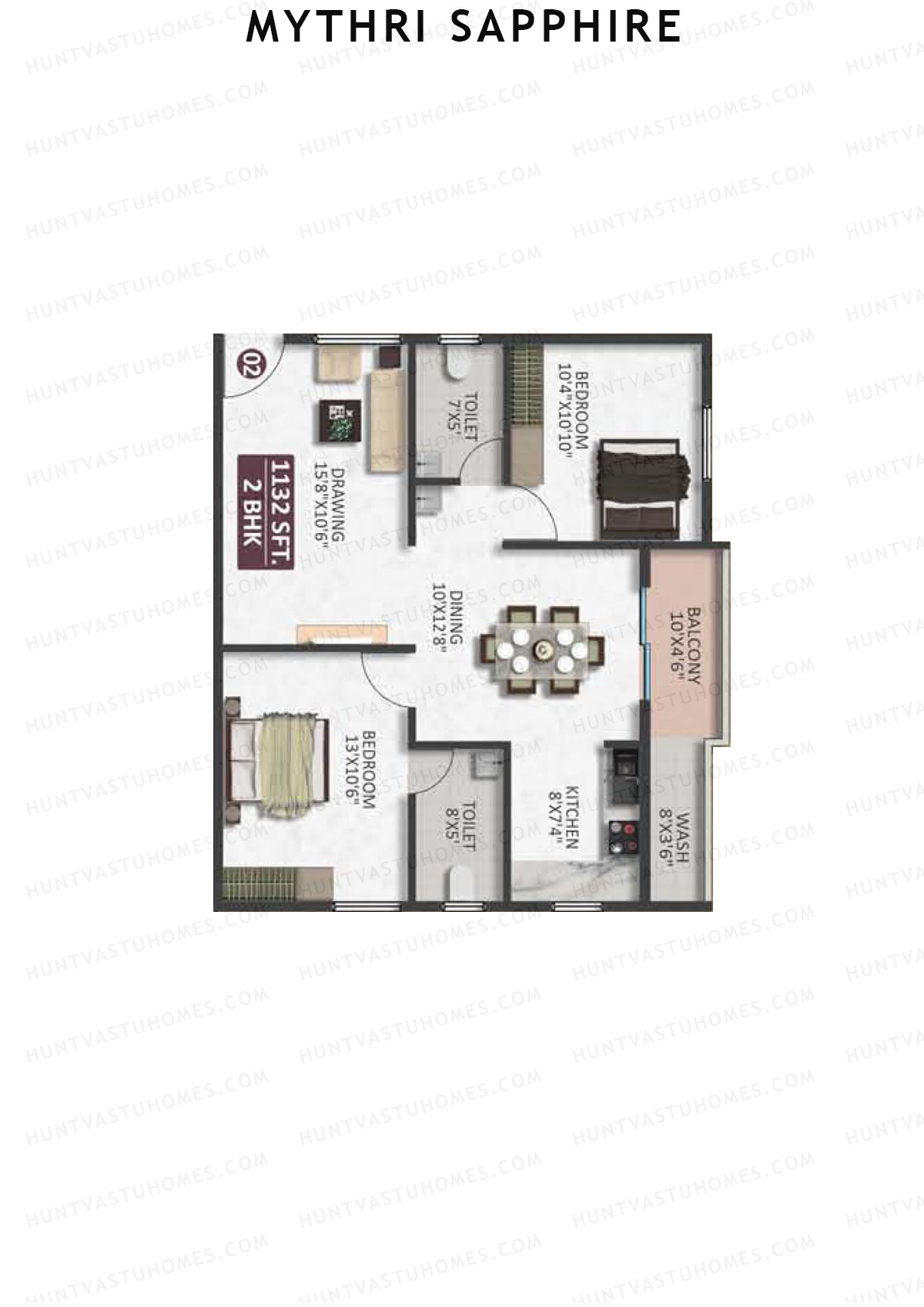 Mythri Sapphire, Block C, Unit 3, 2BHK, Super Area 1132   sq ft 