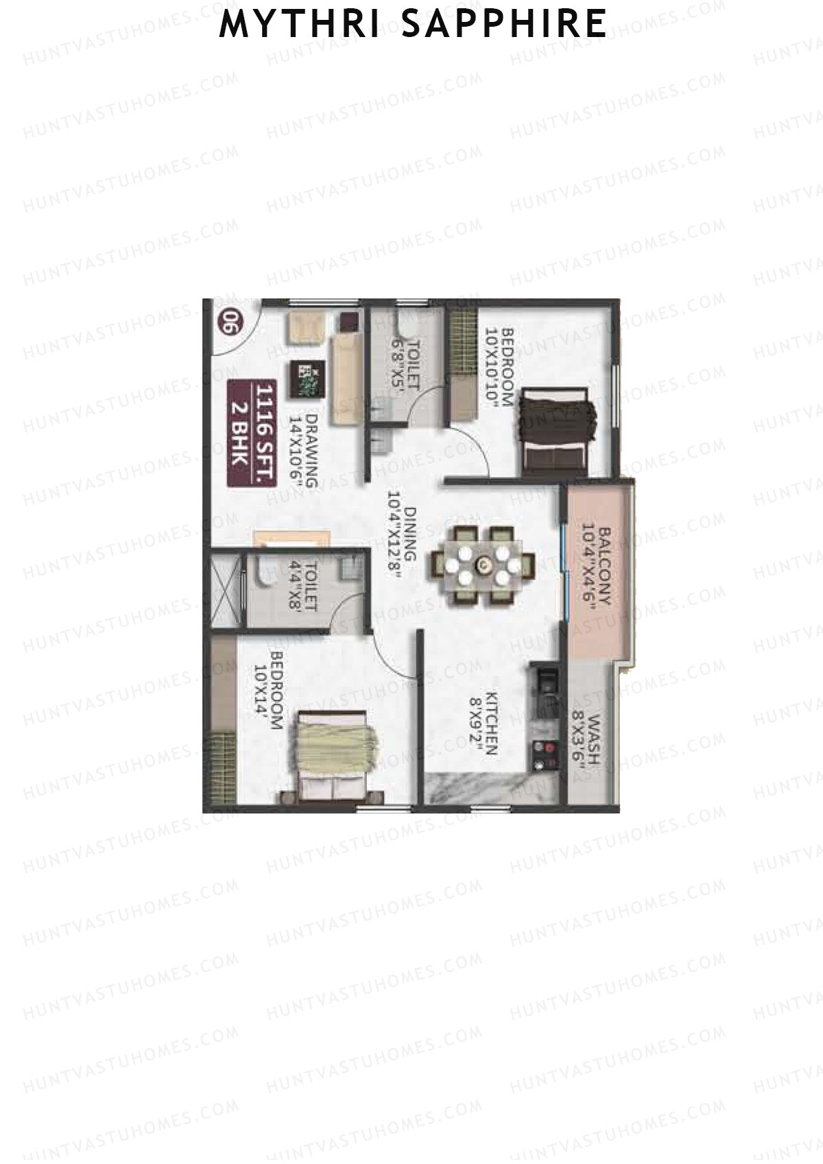 Mythri Sapphire, Block C, Unit 6, 2BHK, Super Area 1116   sq ft 