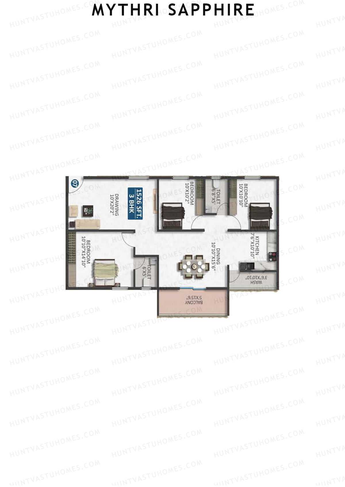 Mythri Sapphire, Block C, Unit 7, 3BHK, Super Area 1526   sq ft 