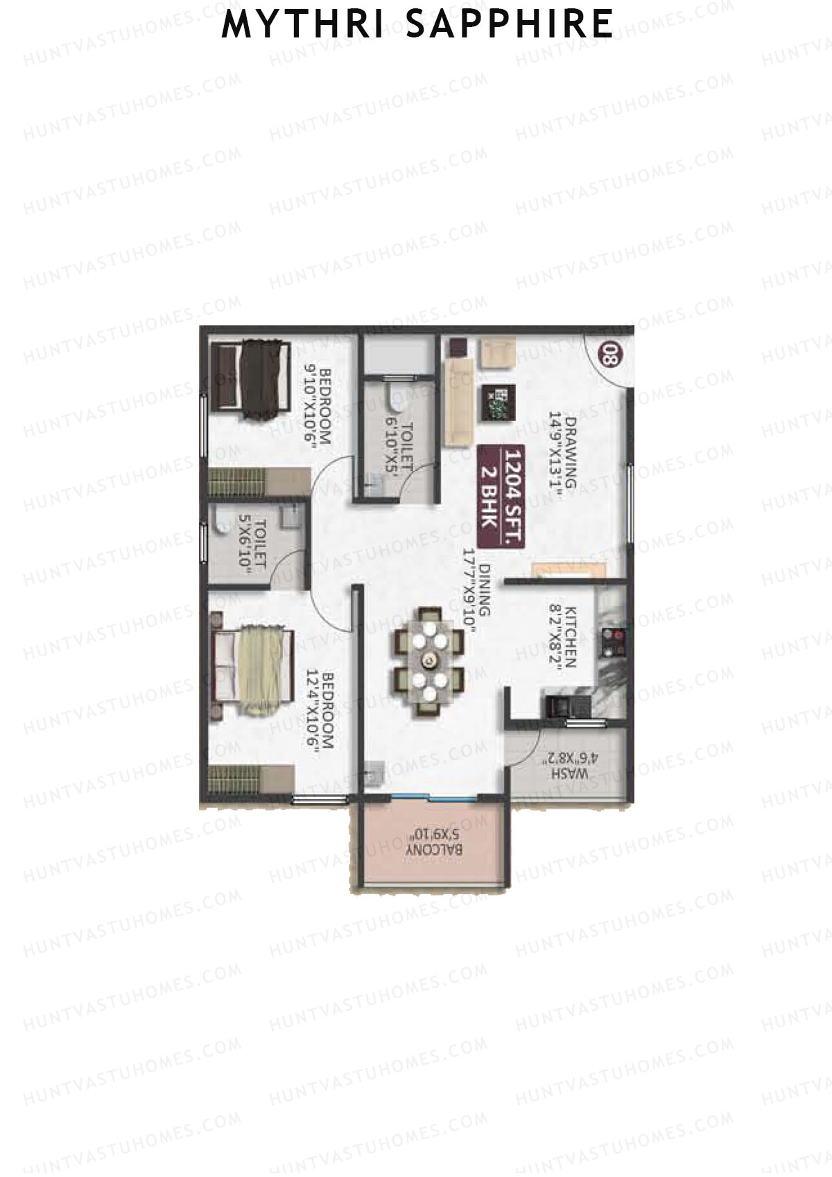 Mythri Sapphire, Block C, Unit 8, 2BHK, Super Area 1204   sq ft 