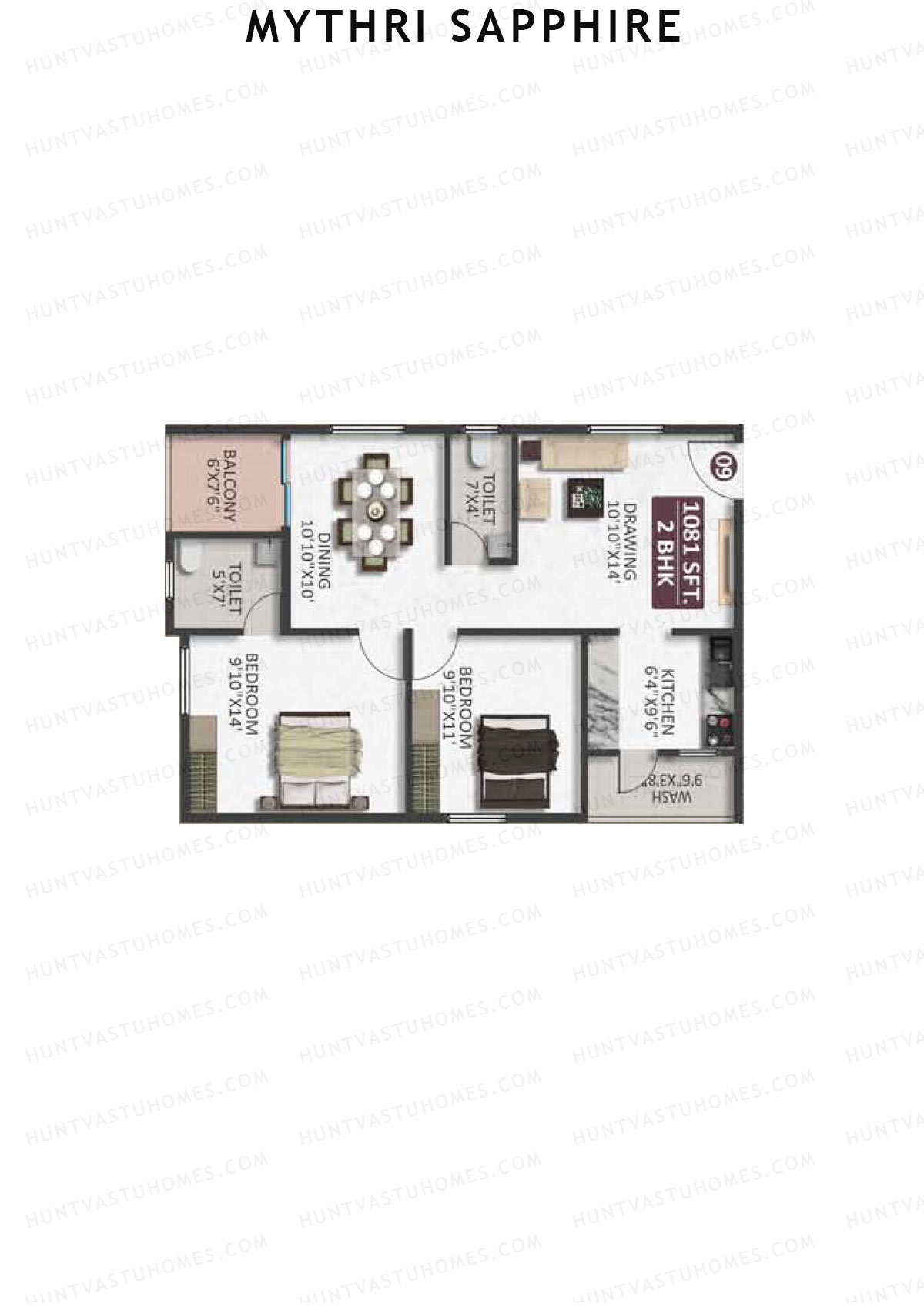 Mythri Sapphire, Block C, Unit 9, 2BHK, Super Area 1081   sq ft 