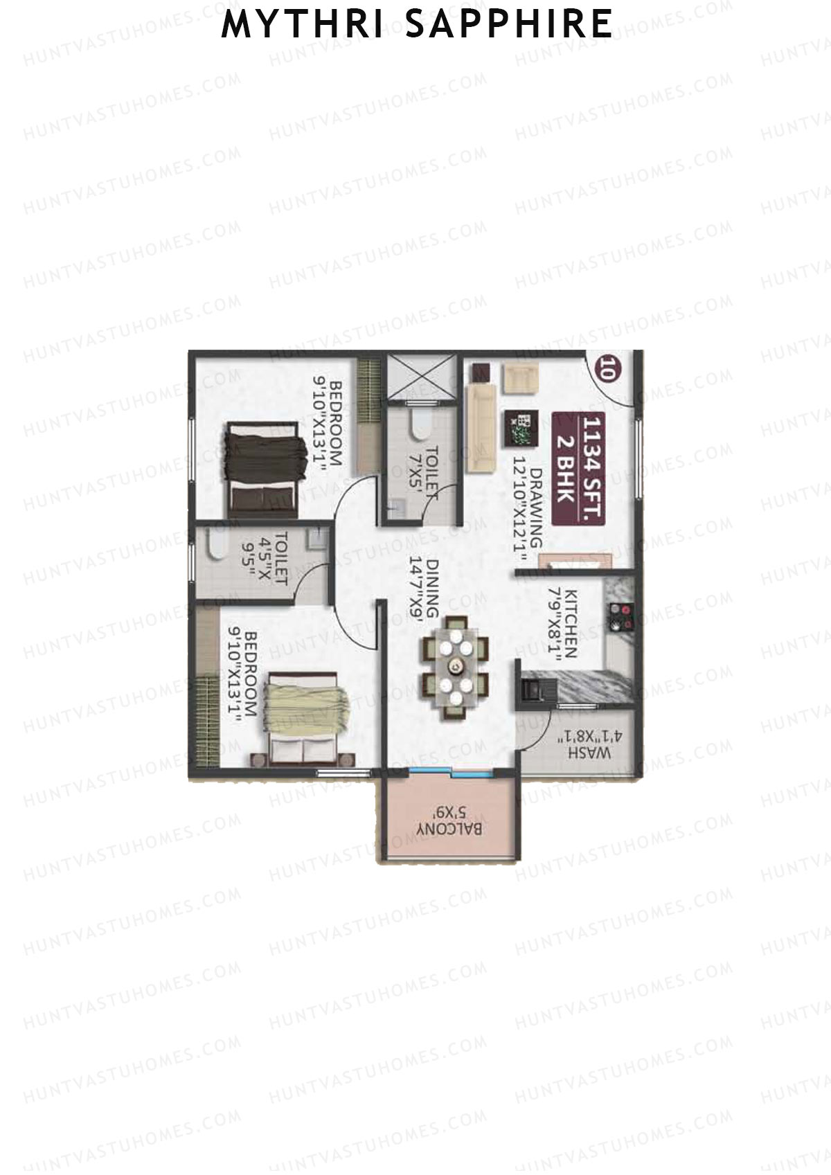 Mythri Sapphire, Block D, Unit 10, 2BHK, Super Area 1134   sq ft 