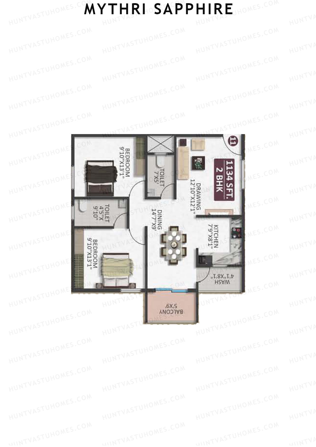 Mythri Sapphire, Block D, Unit 11, 2BHK, Super Area 1134   sq ft 