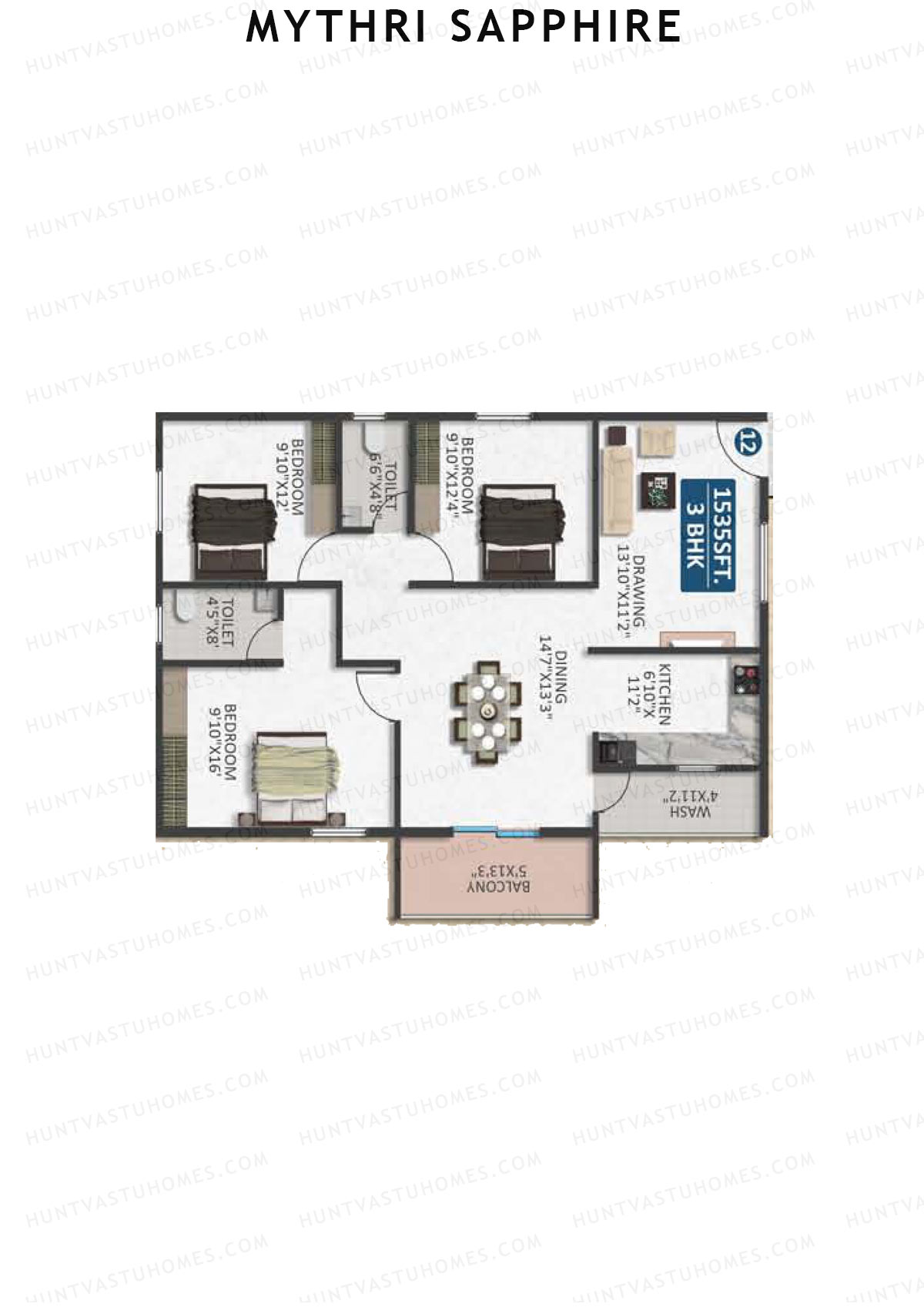 Mythri Sapphire, Block D, Unit 12, 3BHK, Super Area 1535   sq ft 