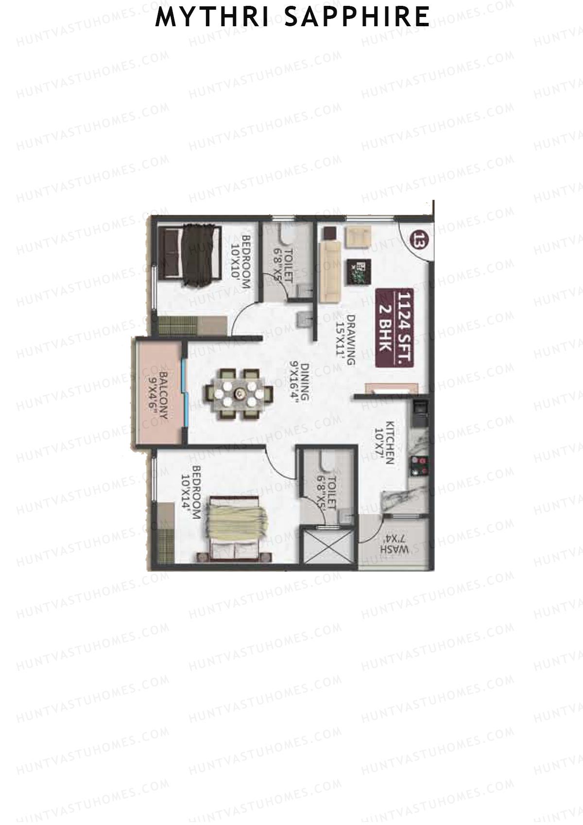 Mythri Sapphire, Block D, Unit 13, 2BHK, Super Area 1124   sq ft 
