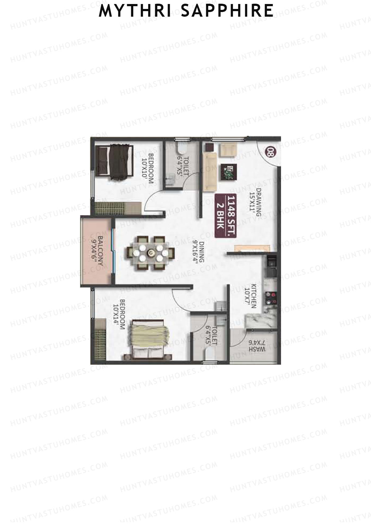 Mythri Sapphire, Block D, Unit 14, 2BHK, Super Area 1148   sq ft 