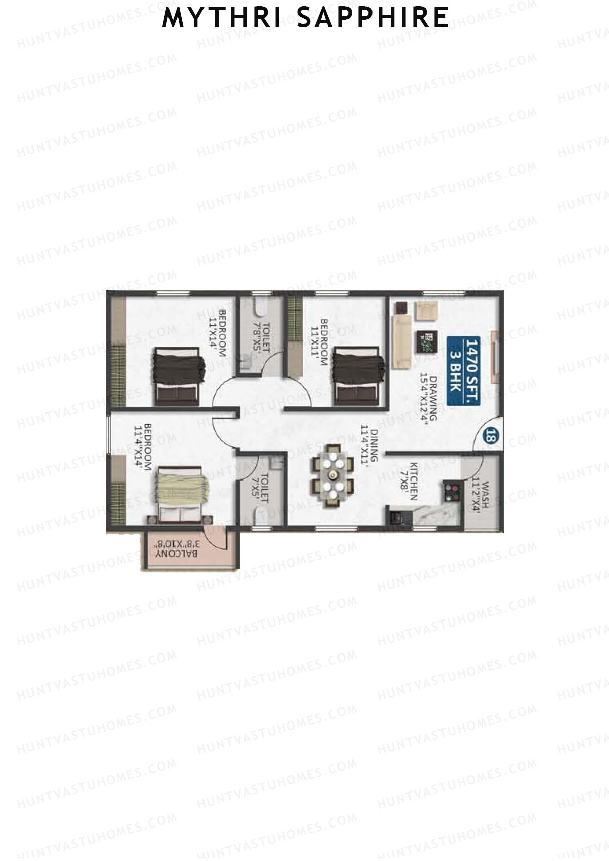 Mythri Sapphire, Block D, Unit 18, 3BHK, Super Area 1470   sq ft 