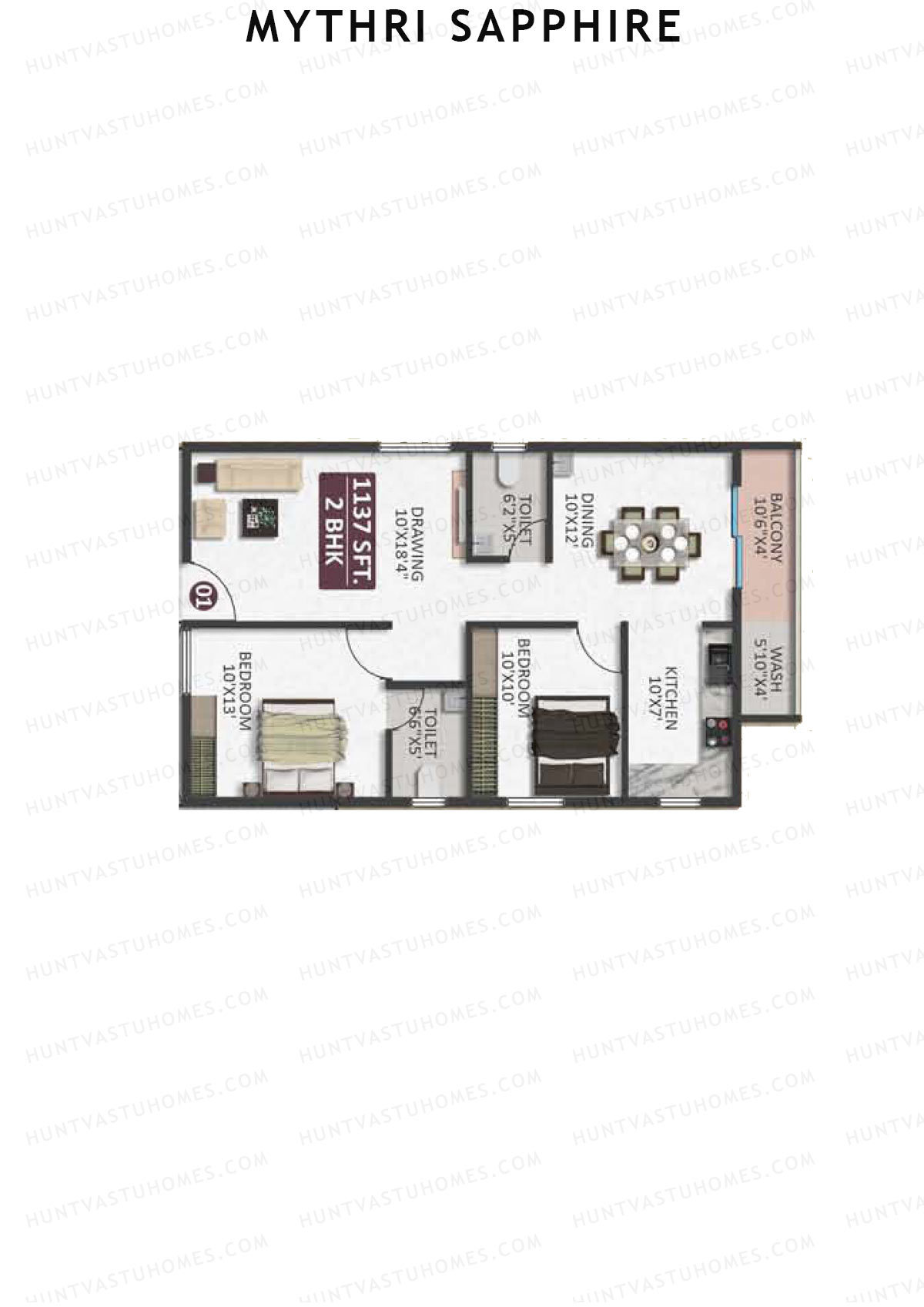 Mythri Sapphire, Block D, Unit 1, 2BHK, Super Area 1137   sq ft 