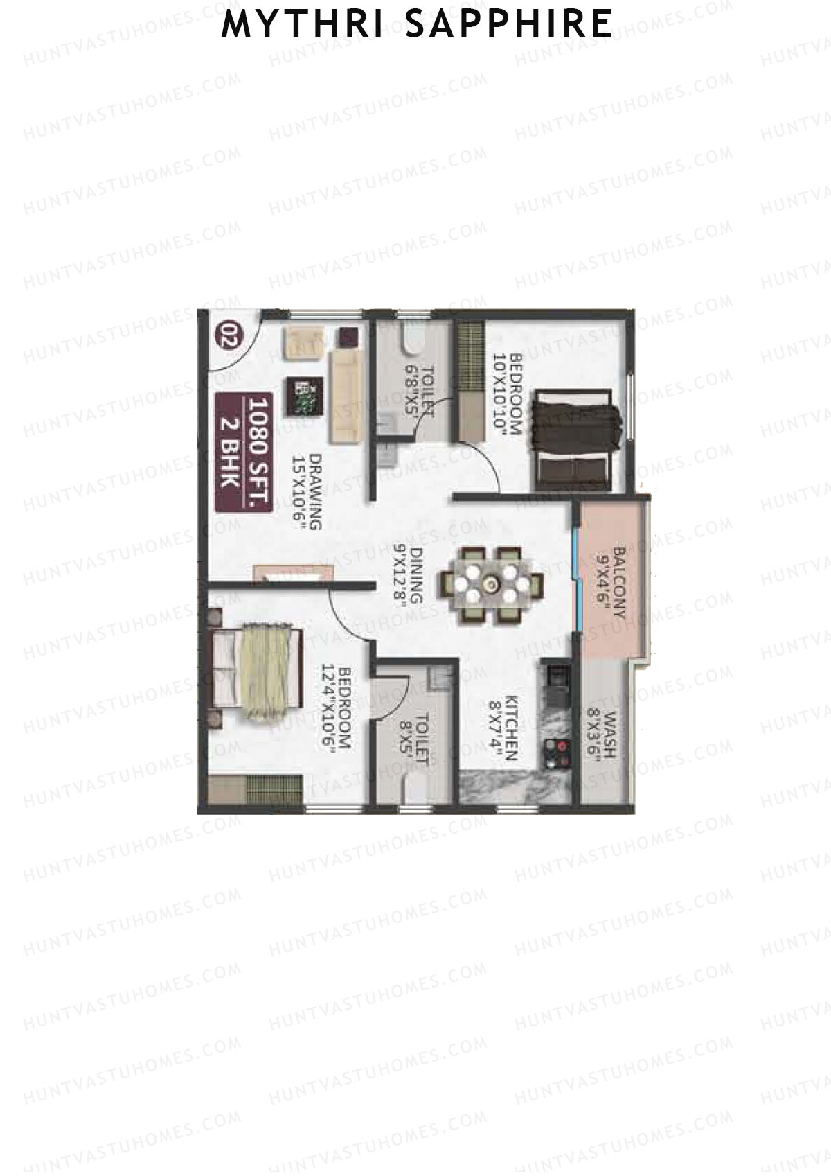 Mythri Sapphire, Block D, Unit 2, 2BHK, Super Area 1080   sq ft 