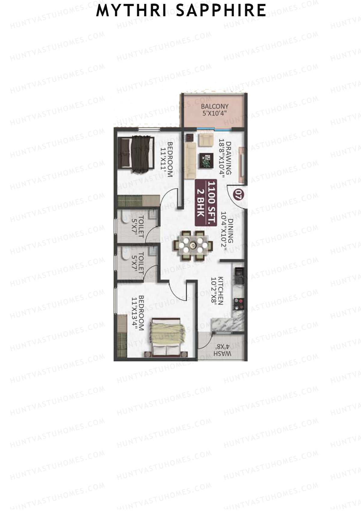Mythri Sapphire, Block D, Unit 7, 2BHK, Super Area 1100   sq ft 