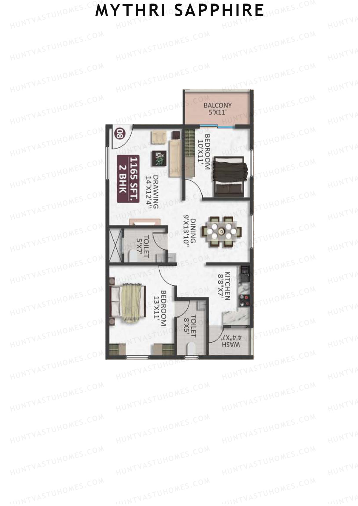 Mythri Sapphire, Block D, Unit 8, 2BHK, Super Area 1165   sq ft 