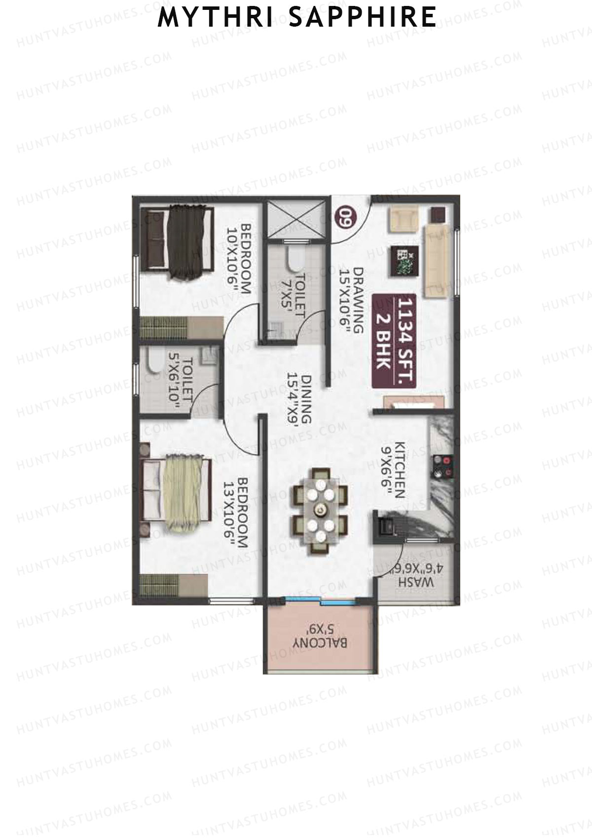 Mythri Sapphire, Block D, Unit 9, 2BHK, Super Area 1134   sq ft 