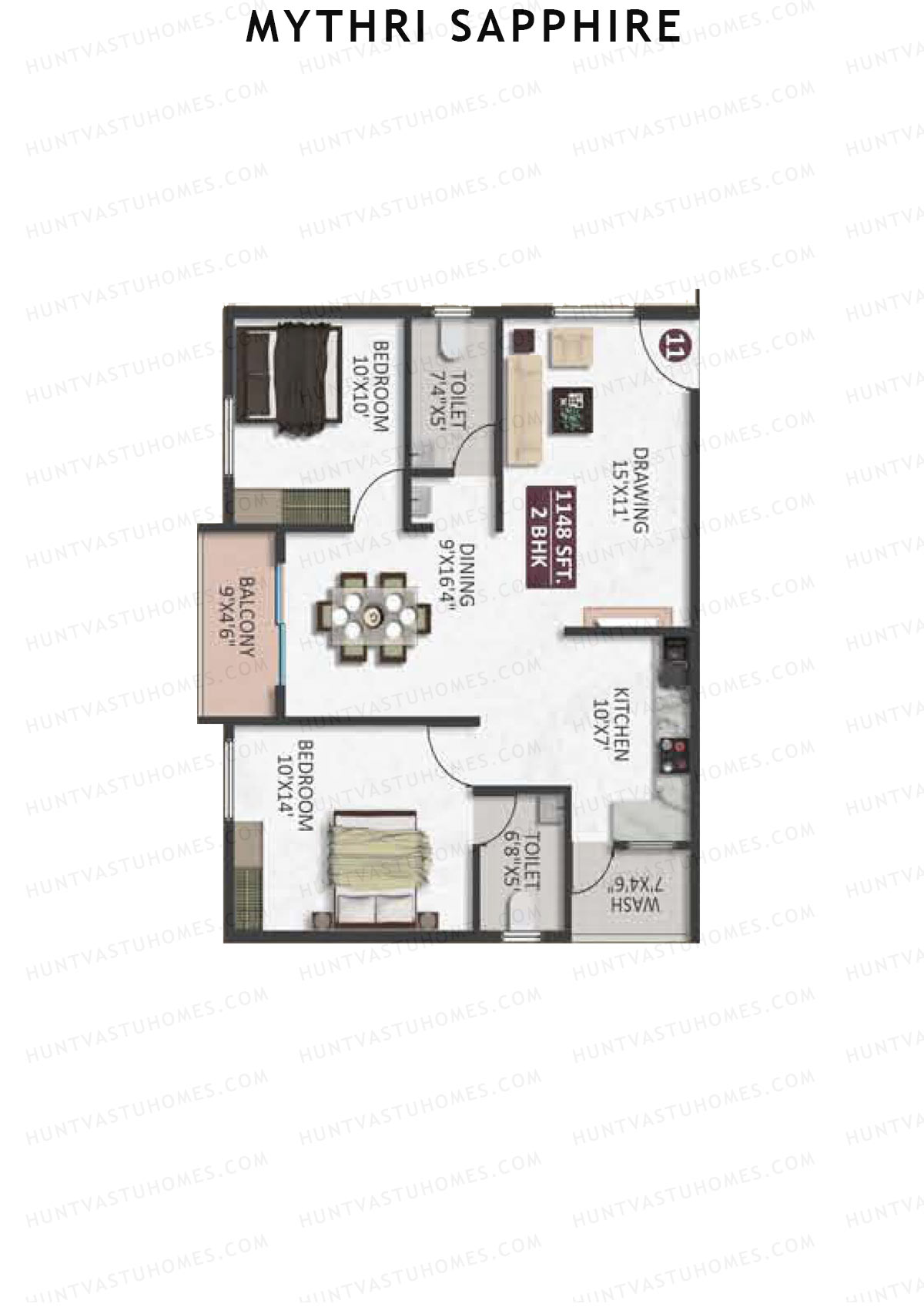 Mythri Sapphire, Block E, Unit 11, 2BHK, Super Area 1148   sq ft 