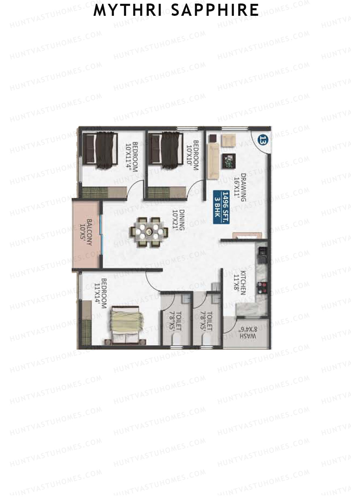 Mythri Sapphire, Block E, Unit 14, 3BHK, Super Area 1496   sq ft 