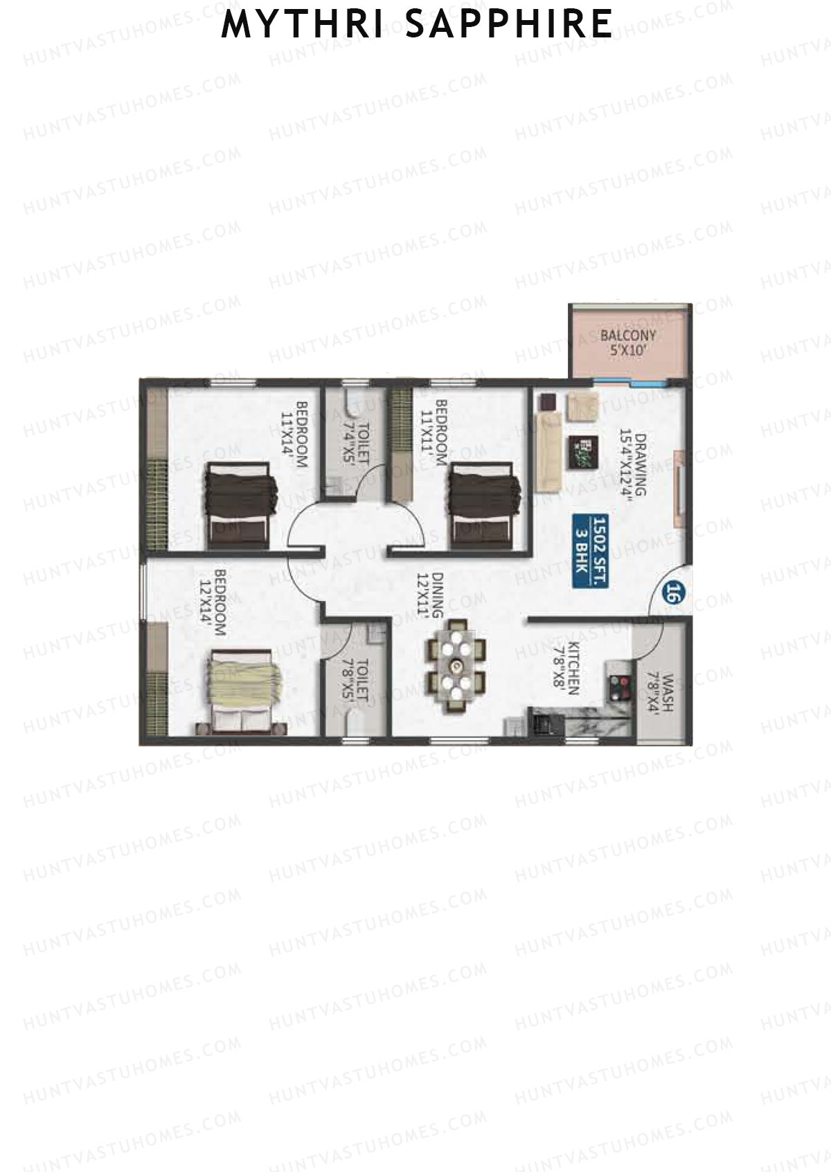 Mythri Sapphire, Block E, Unit 16, 3BHK, Super Area 1502   sq ft 