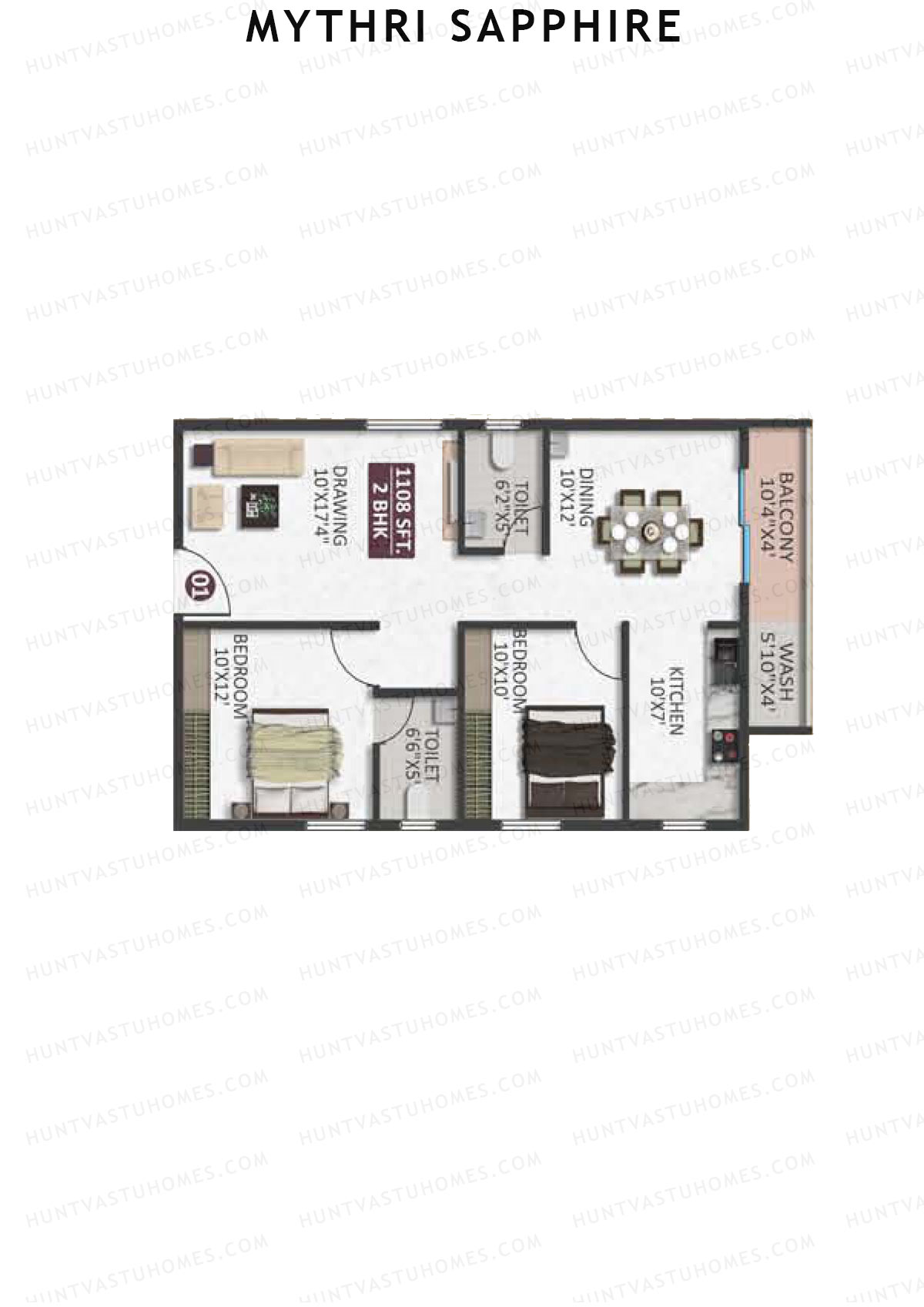 Mythri Sapphire, Block E, Unit 1, 2BHK, Super Area 1108   sq ft 