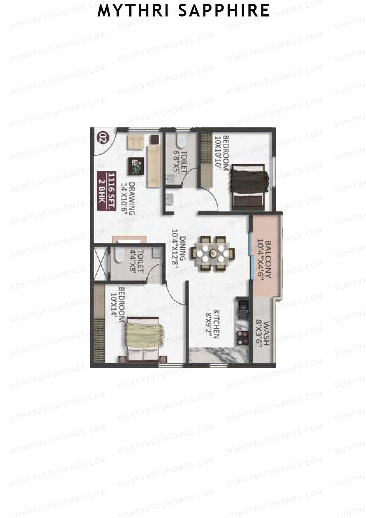 Mythri Sapphire, Block E, Unit 2, 2BHK, Super Area 1116   sq ft 