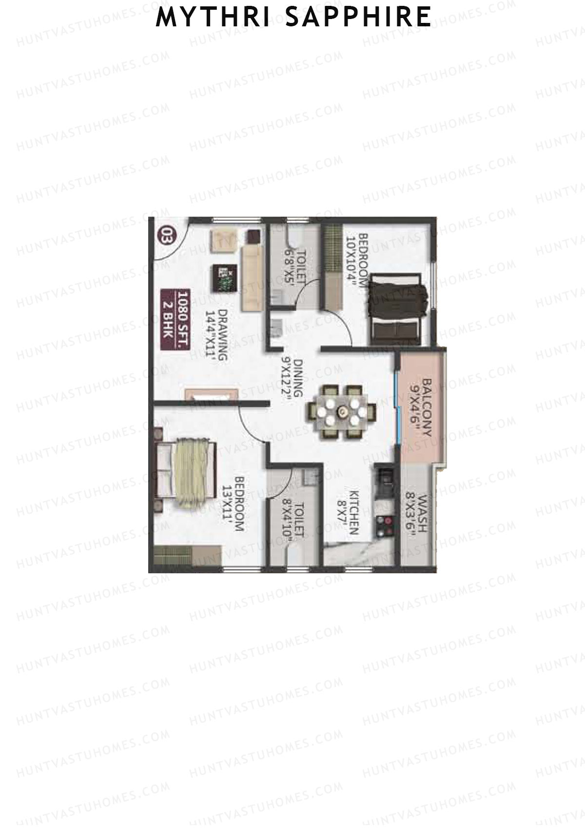 Mythri Sapphire, Block E, Unit 3, 2BHK, Super Area 1080   sq ft 