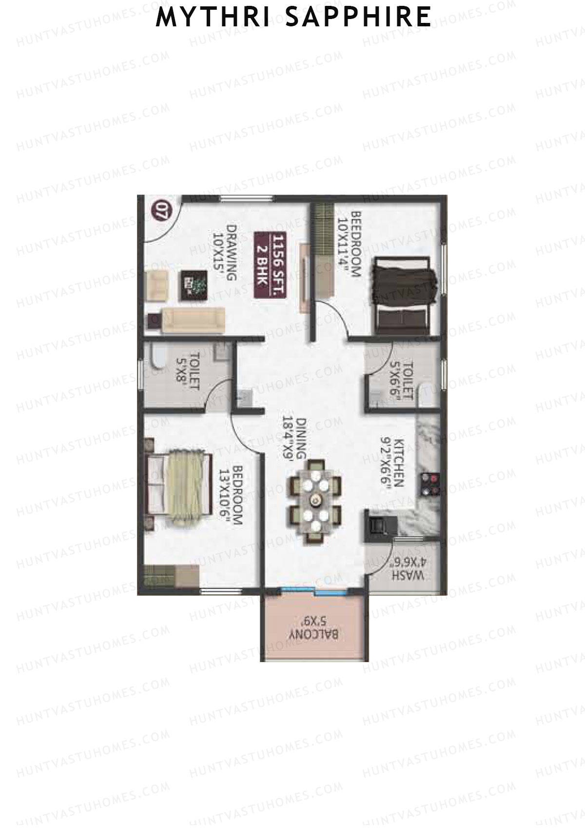 Mythri Sapphire, Block E, Unit 7, 2BHK, Super Area 1156   sq ft 