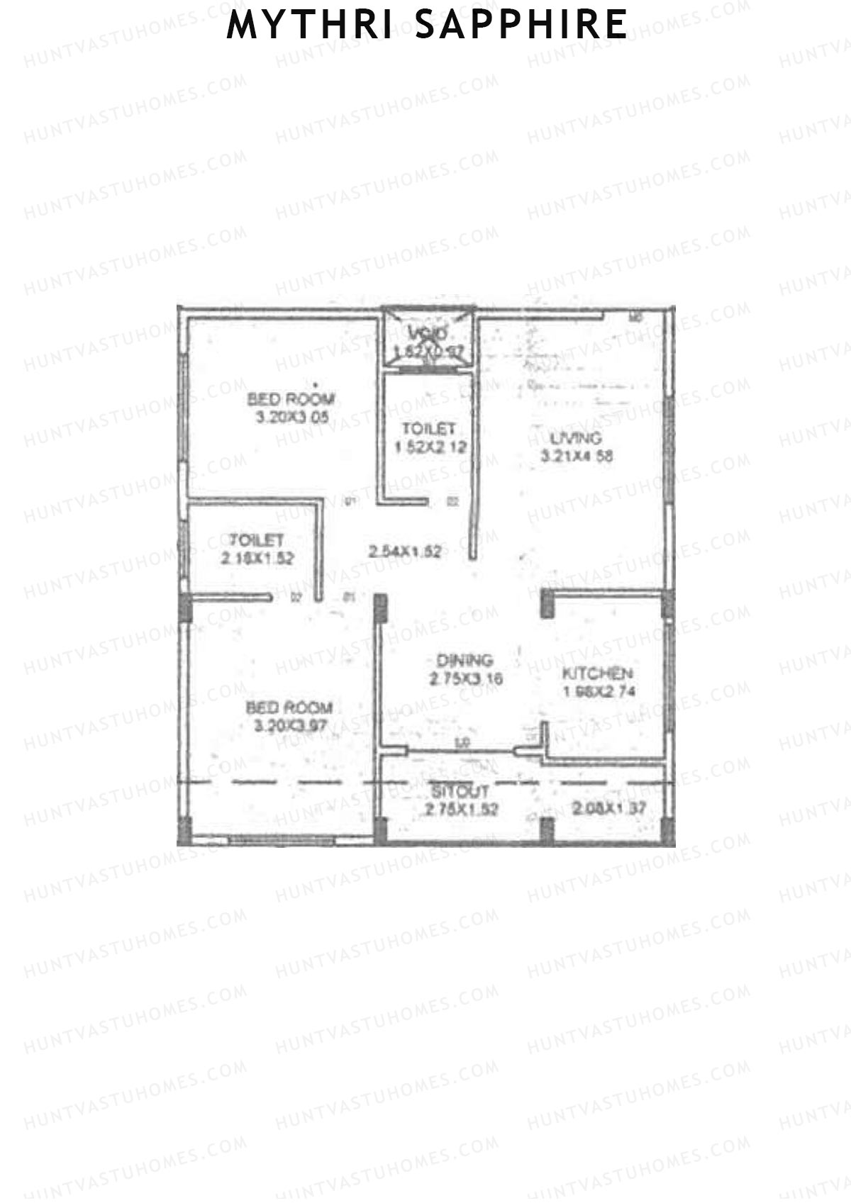Mythri Sapphire, Block E, Unit 8, 2BHK, Super Area 1071   sq ft 