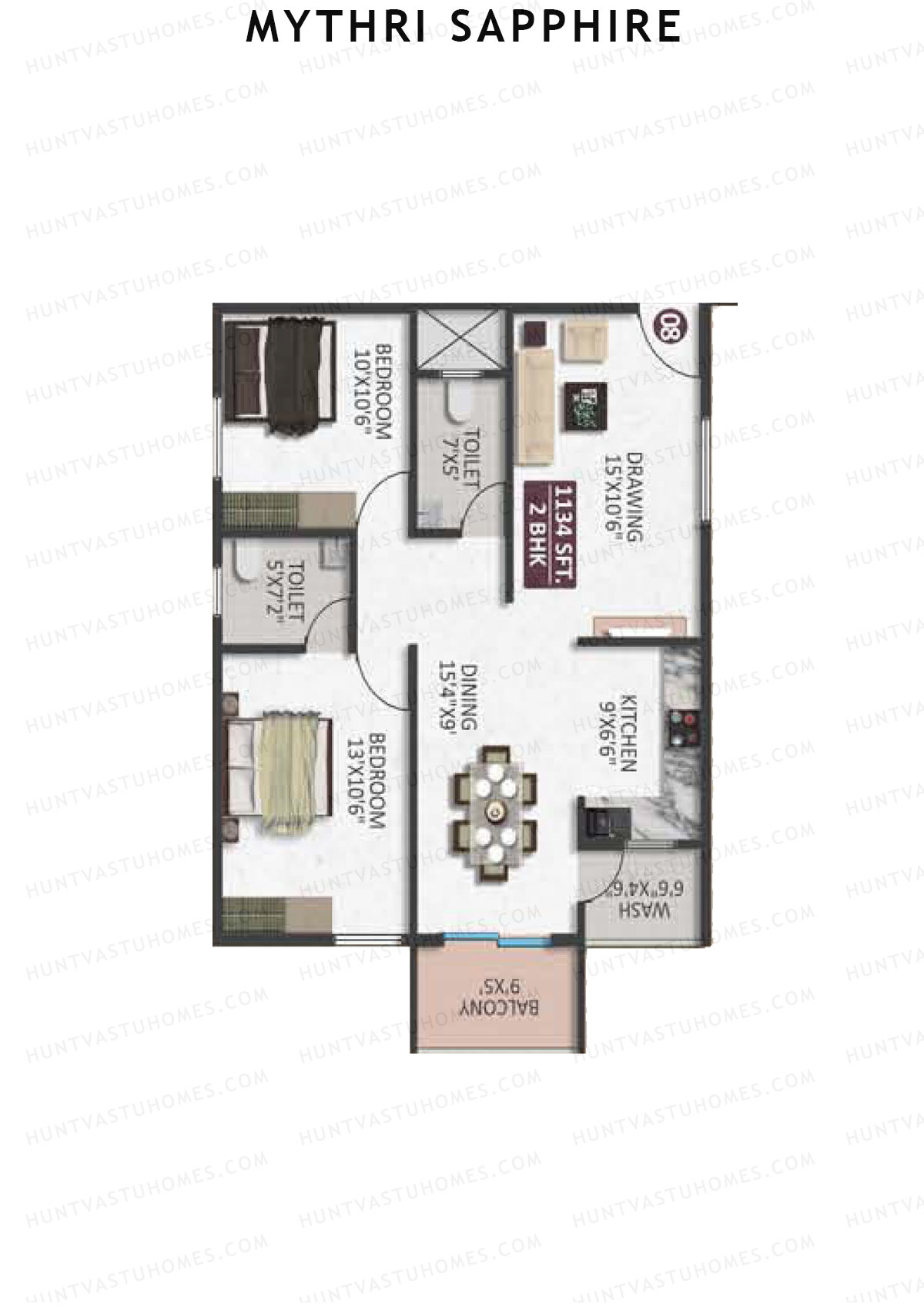 Mythri Sapphire, Block E, Unit 9, 2BHK, Super Area 1134   sq ft 
