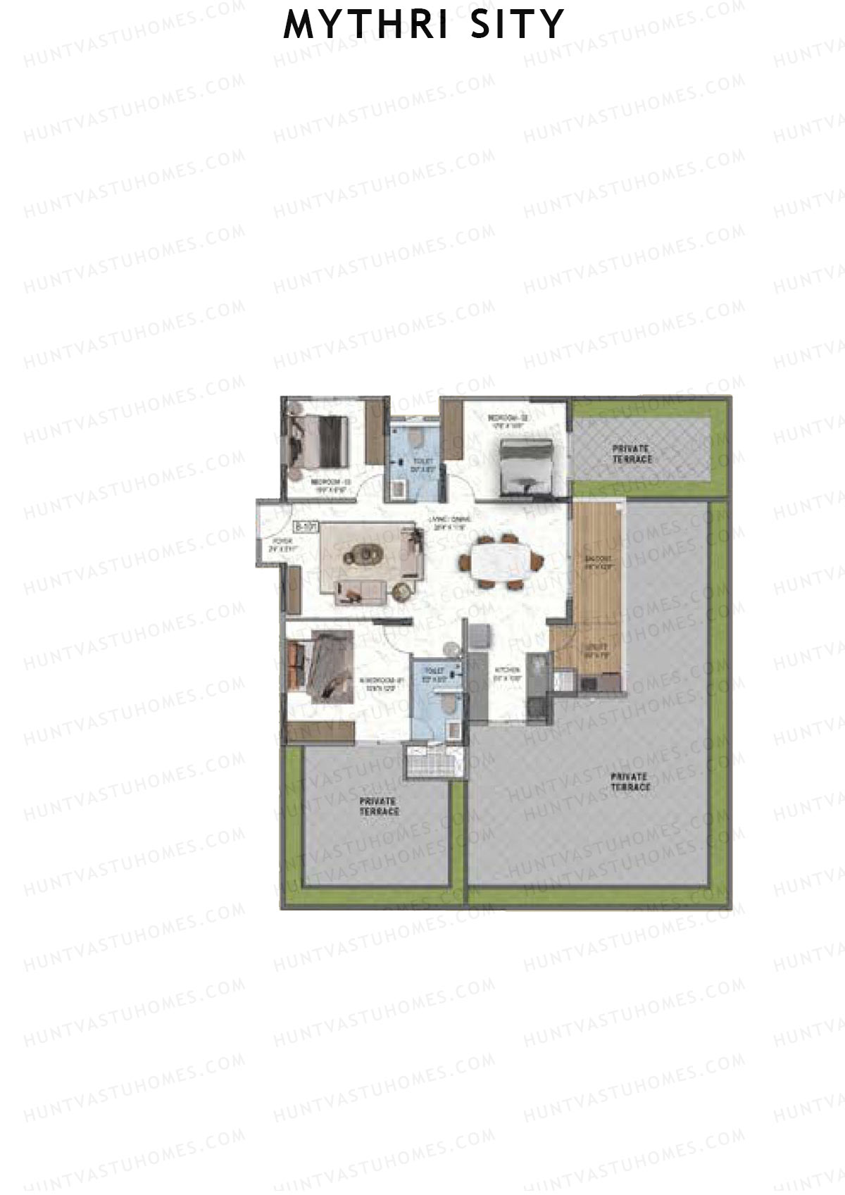 Mythri Sity, Tower 1 Block B, Unit B1, 3BHK, Super Area 1523   sq ft 