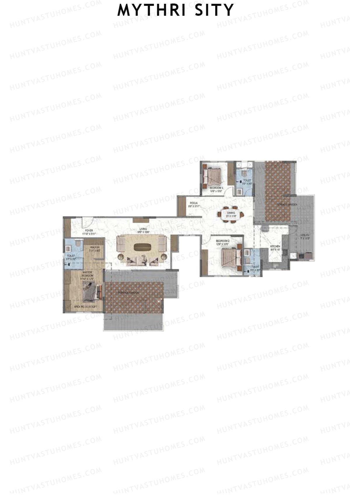 Mythri Sity, Tower 1 Block B, Unit B1, 3BHK, Super Area 2233   sq ft 