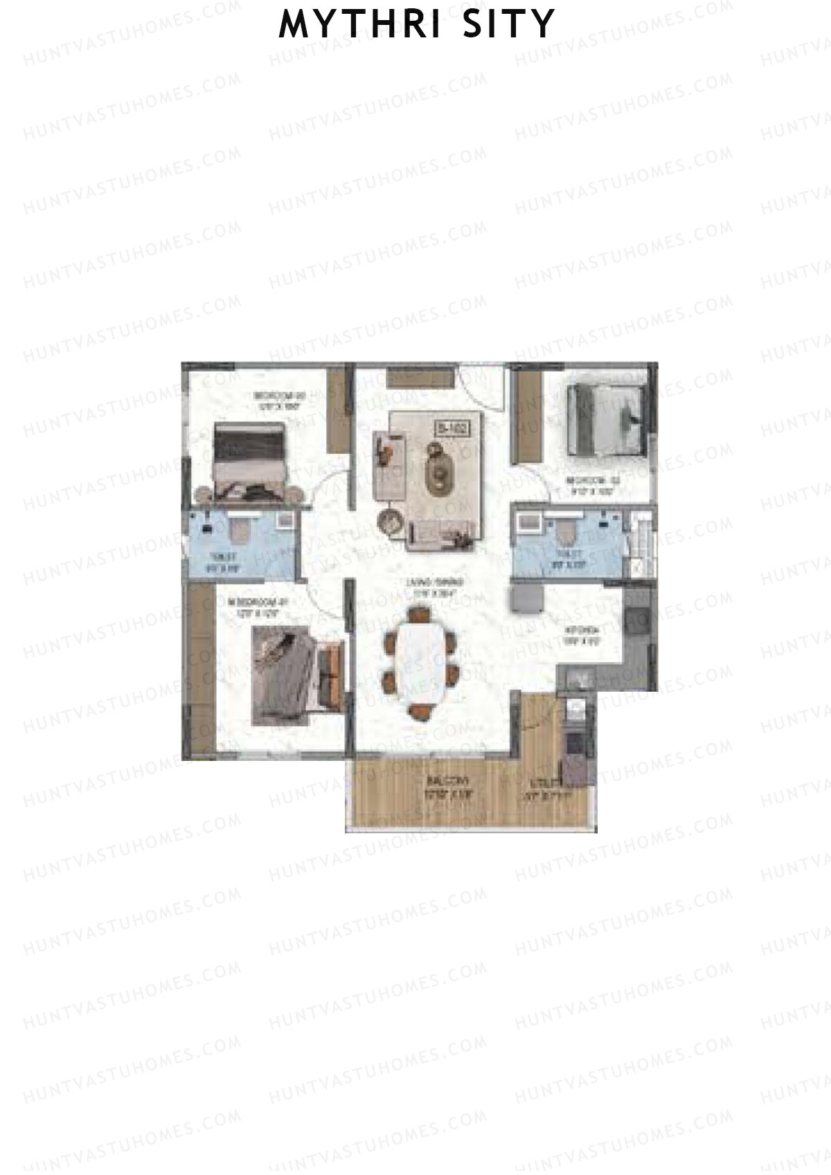Mythri Sity, Tower 1 Block B, Unit B2, 3BHK, Super Area 1497   sq ft 