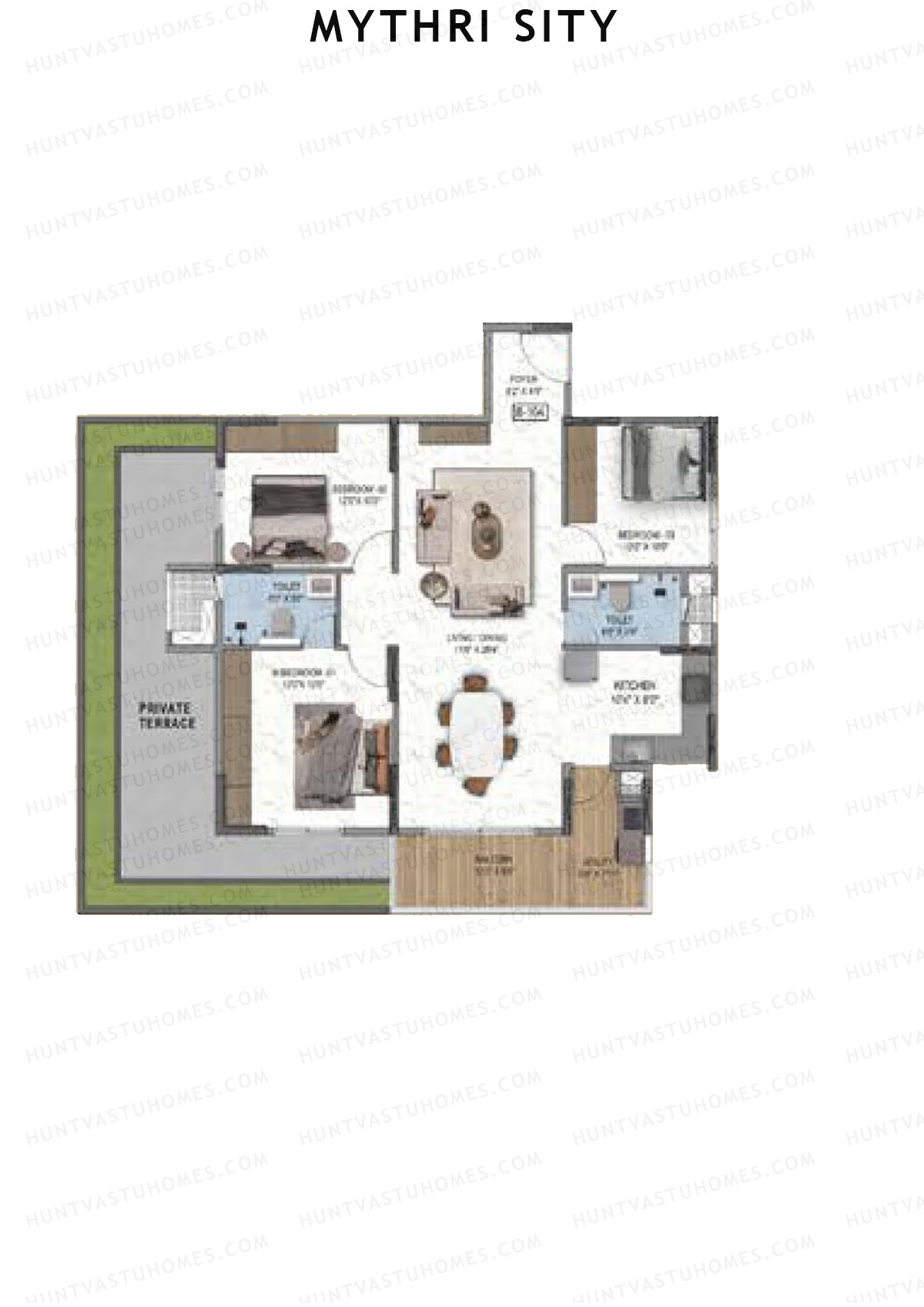 Mythri Sity, Tower 1 Block B, Unit B4, 3BHK, Super Area 1552   sq ft 
