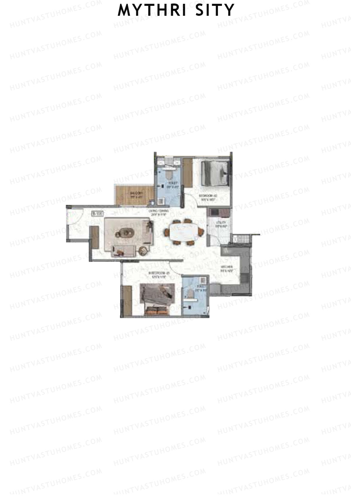 Mythri Sity, Tower 1 Block B, Unit B6, 2BHK, Super Area 1233   sq ft 