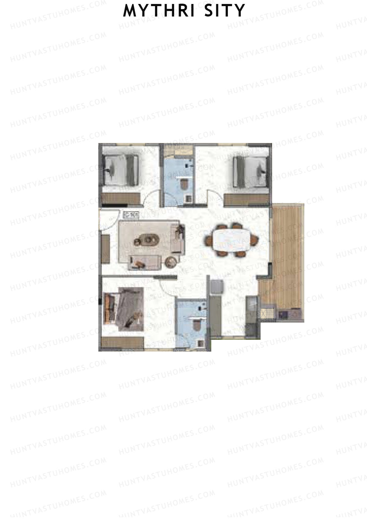 Mythri Sity, Tower 2 Block C, Unit C1, 3BHK, Super Area 1502   sq ft 