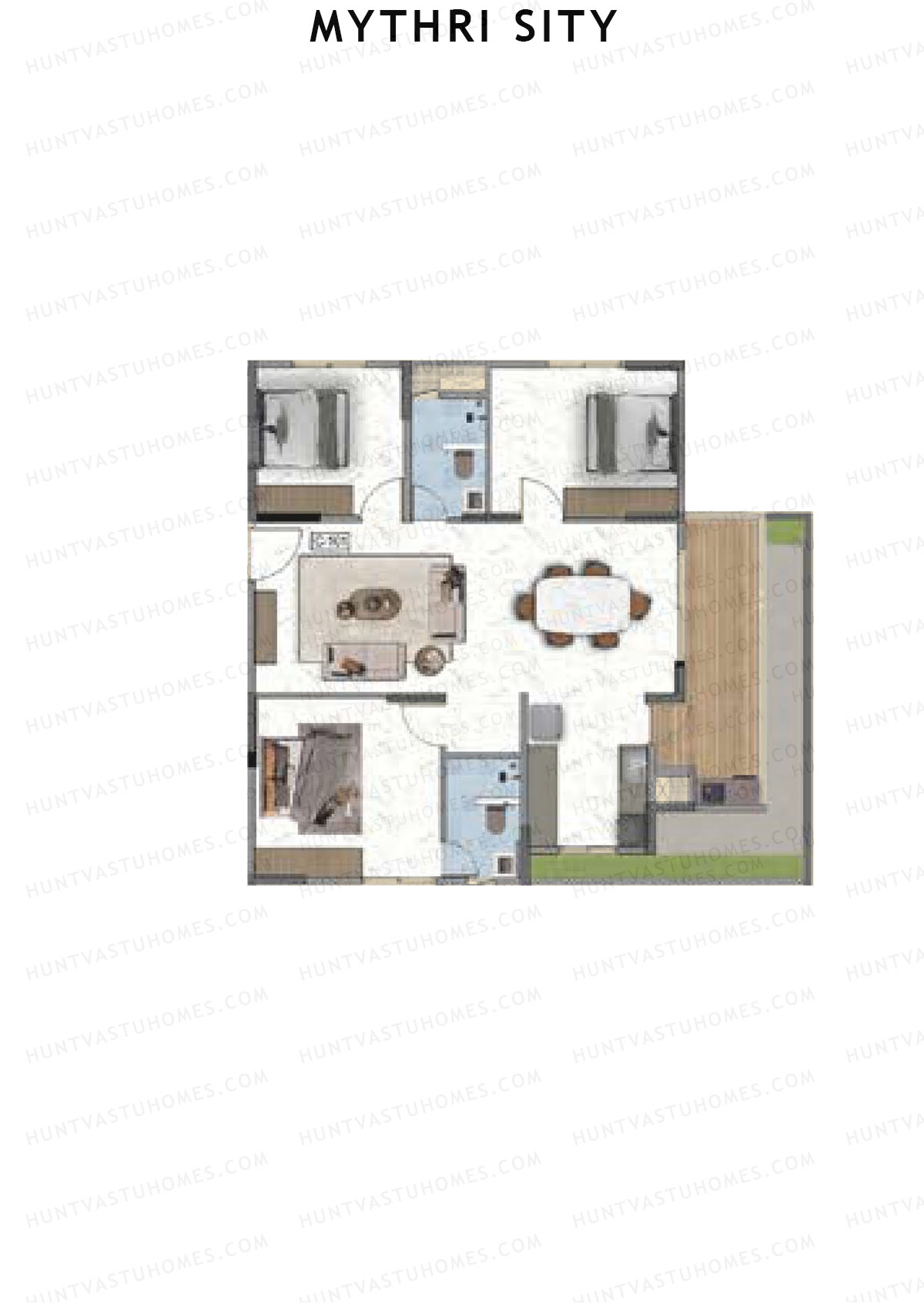 Mythri Sity, Tower 2 Block C, Unit C1, 3BHK, Super Area 1502   sq ft 