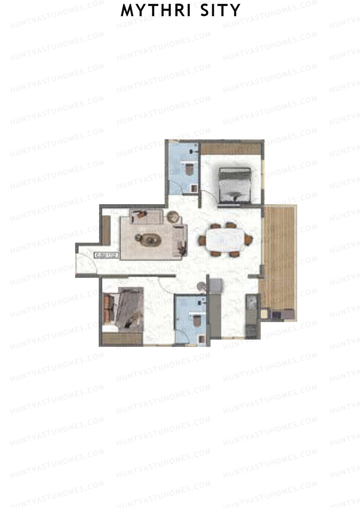 Mythri Sity, Tower 2 Block C, Unit C2, 2BHK, Super Area 1278   sq ft 