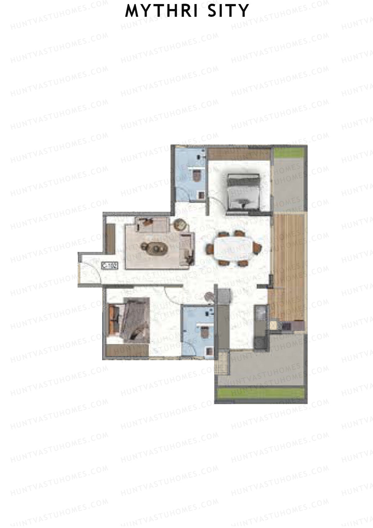Mythri Sity, Tower 2 Block C, Unit C2, 2BHK, Super Area 1278   sq ft 